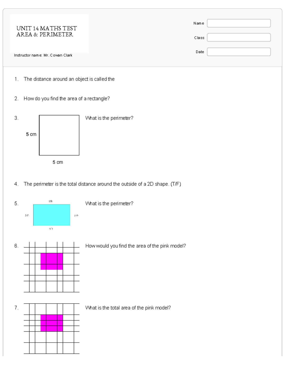 Unit 14 Area & Perimeter Test: Grade 5 Math Worksheets - Studocu