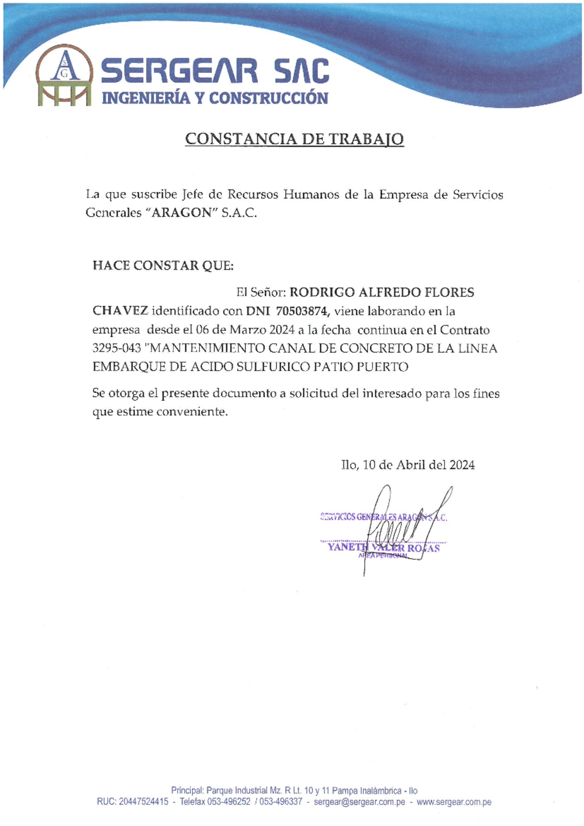 Constancia de Trabajo para RODRIGO ALFREDO FLORES CHAVEZ - SKM C654e - Document Preview