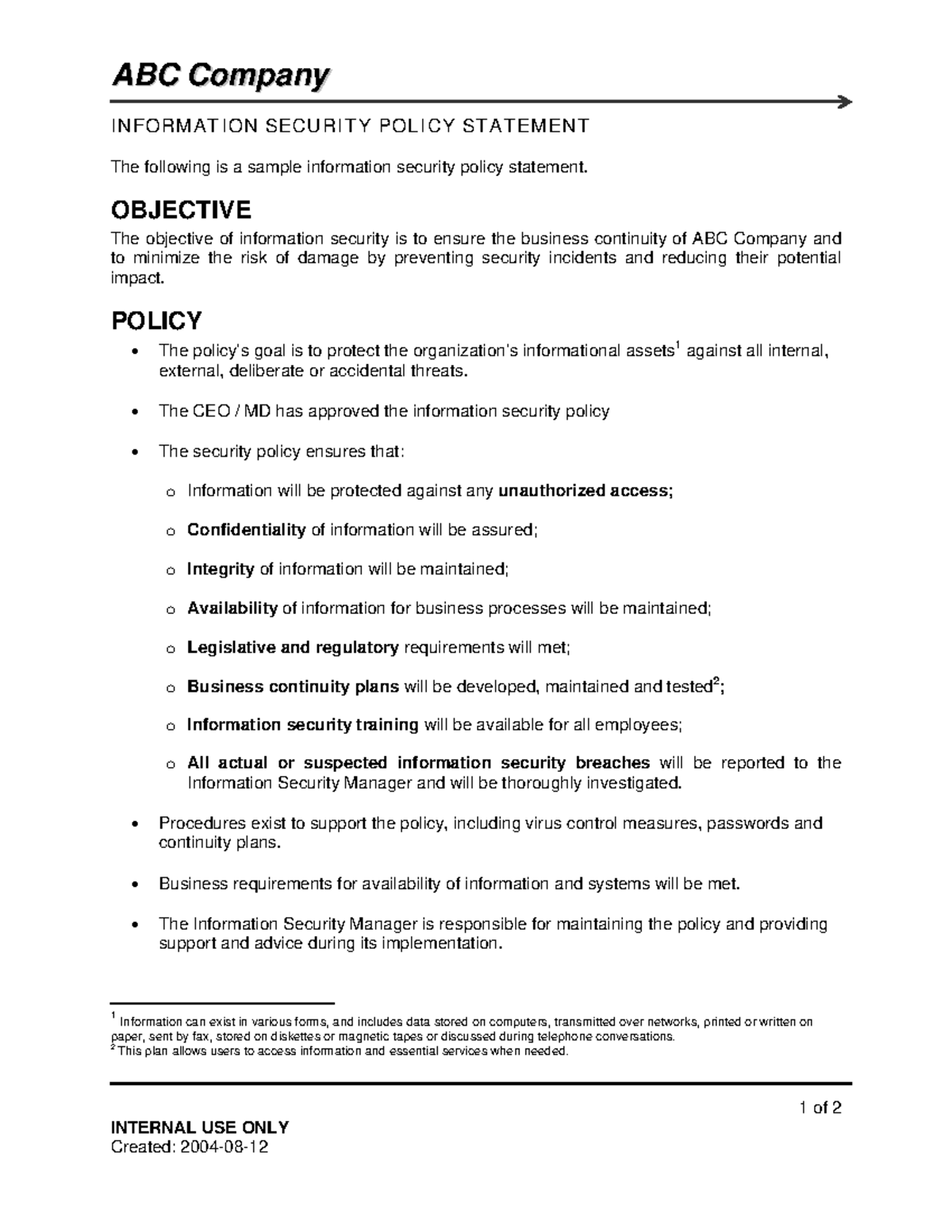 ISO27k Model policy on information security overall - AABBCC ...