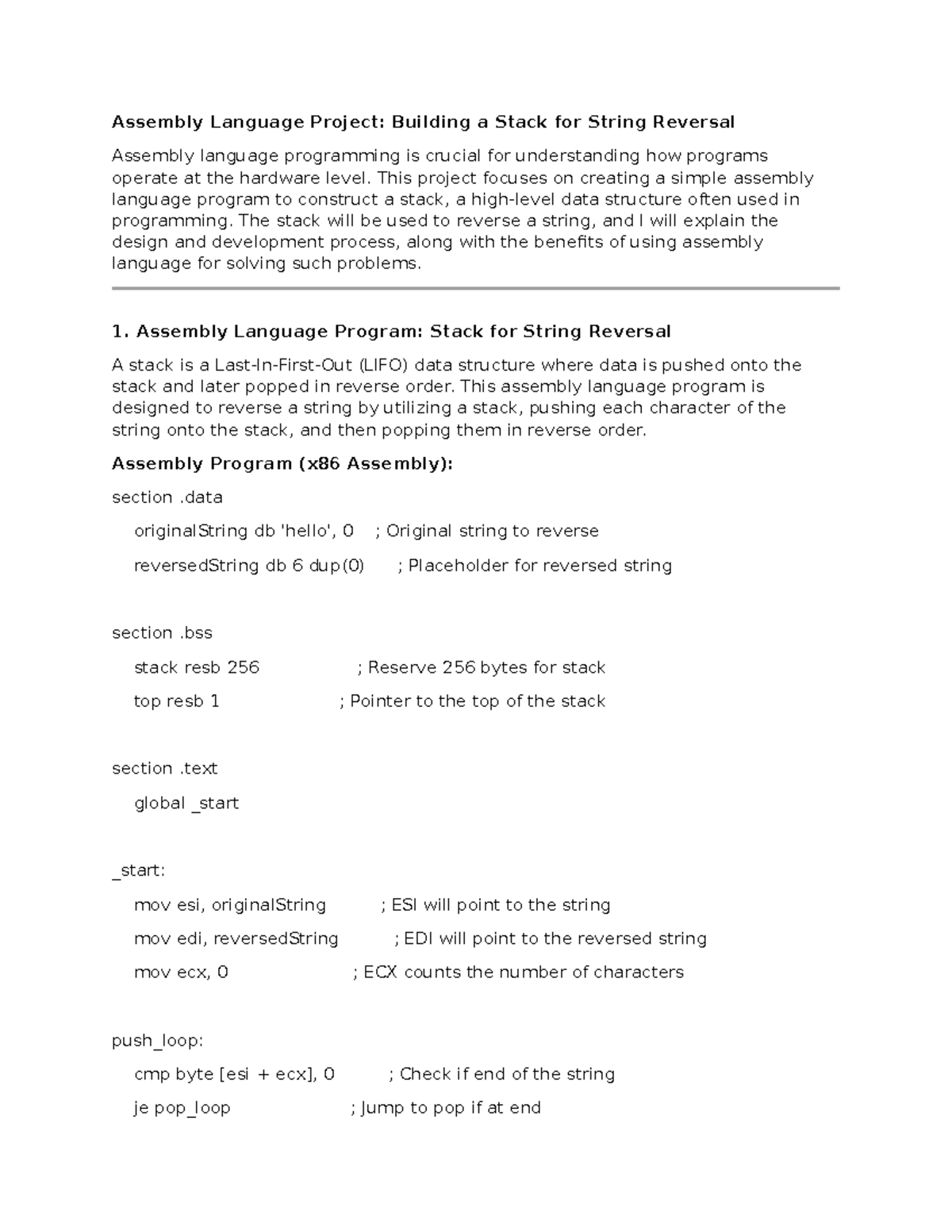 Assembly Language Project: Stack for String Reversal (Unit 7) - Studocu
