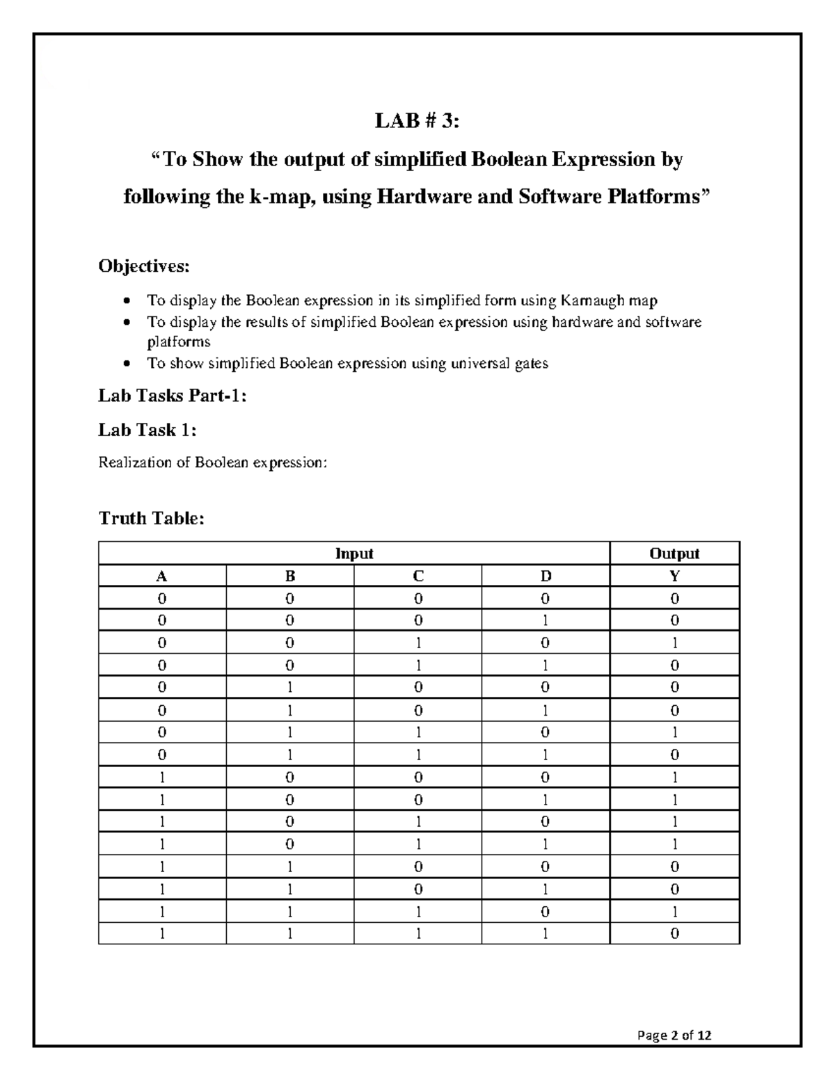 LAB 3: Simplified Boolean Expression Output Using Hardware & Software ...