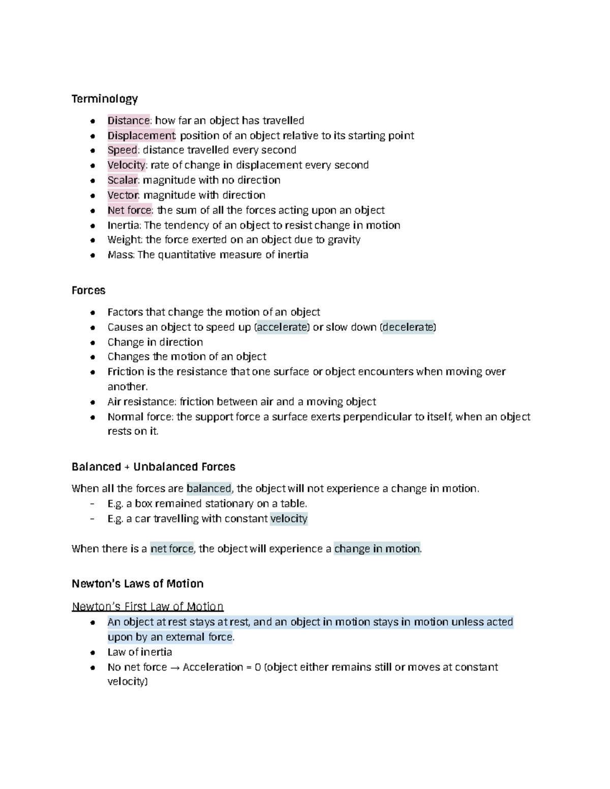 Year 10 Physics Topic Test Notes: Forces, Motion, and Energy Concepts ...