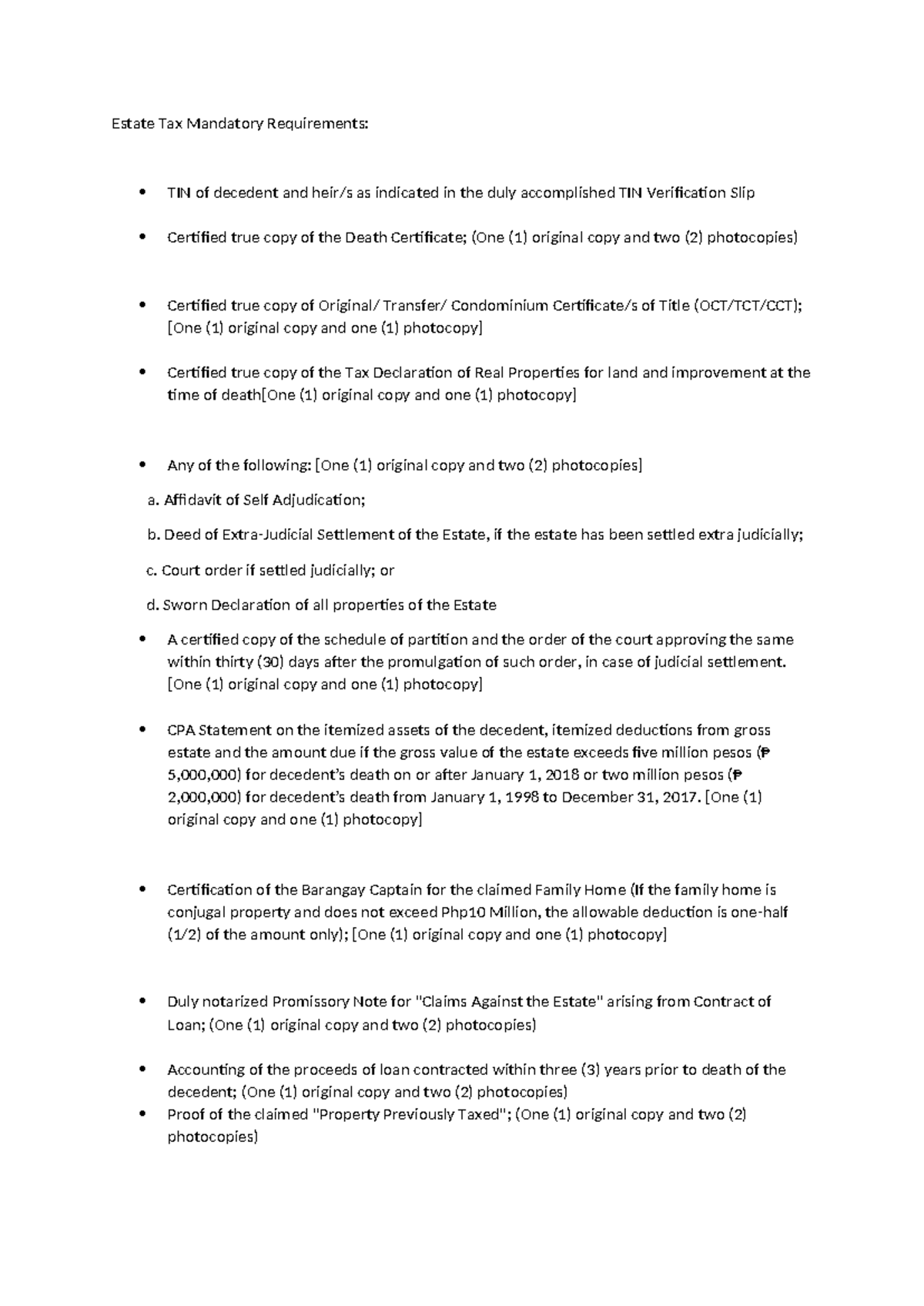 Estate Tax Requirements and Documentation Checklist - Studocu