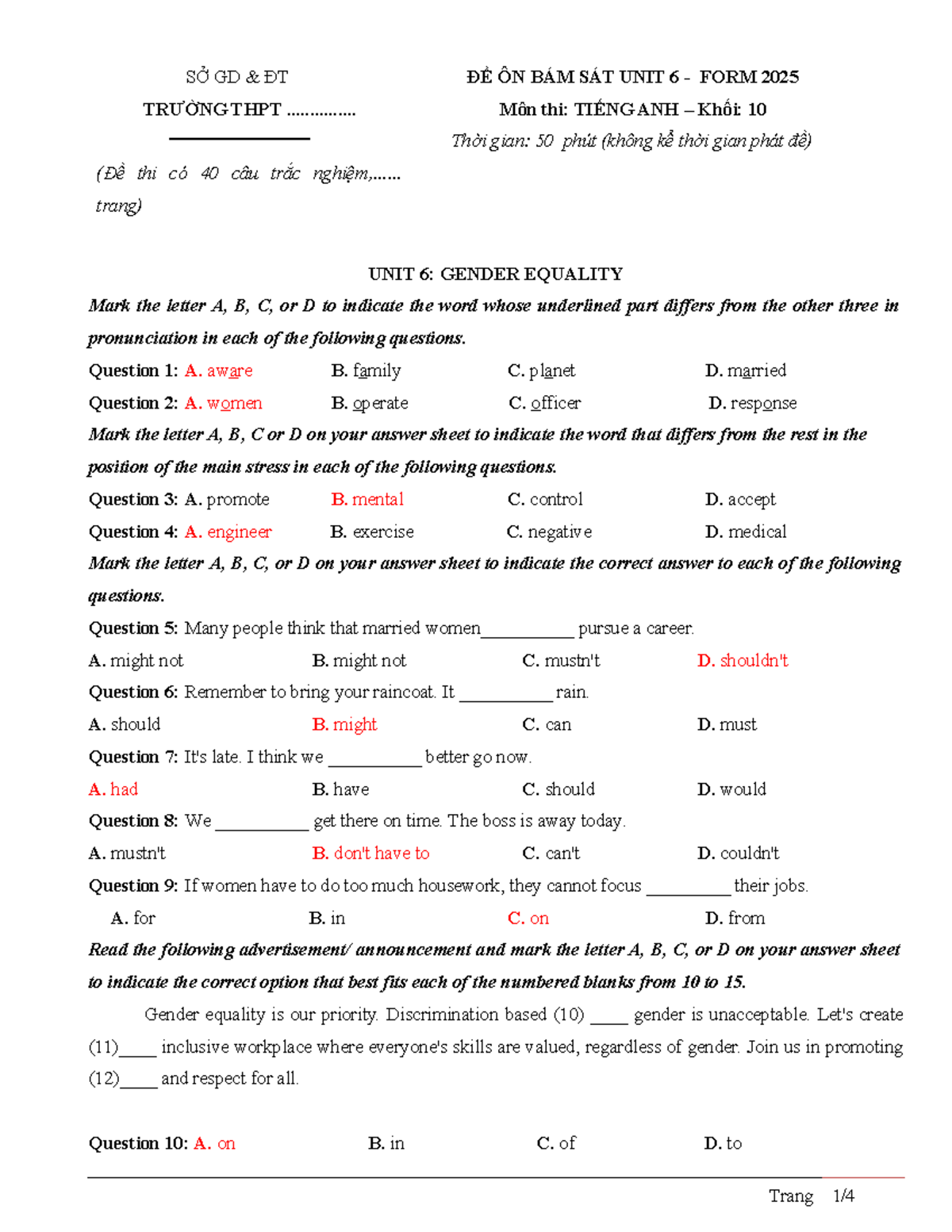 801448875 6KHỐI 10 UNIT 6 Gender Equality Exam Questions and Answers ...