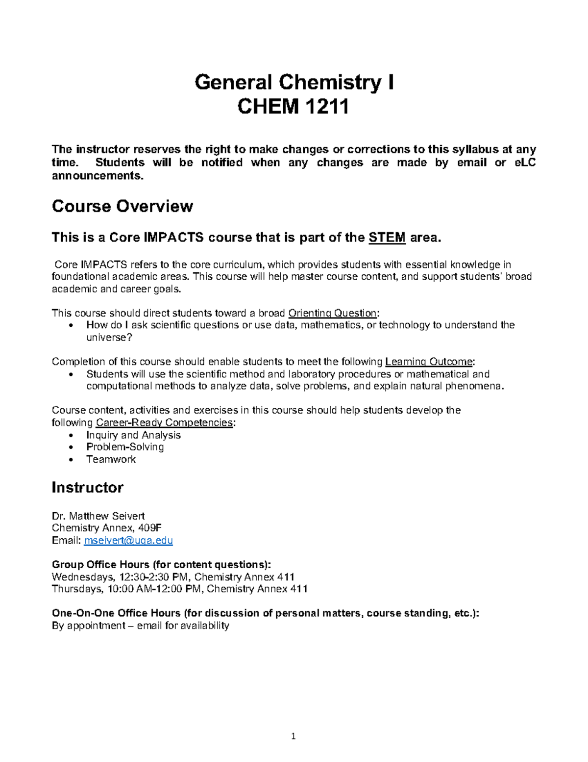CHEM 1211 Syllabus for General Chemistry I - Spring 2024 - Studocu