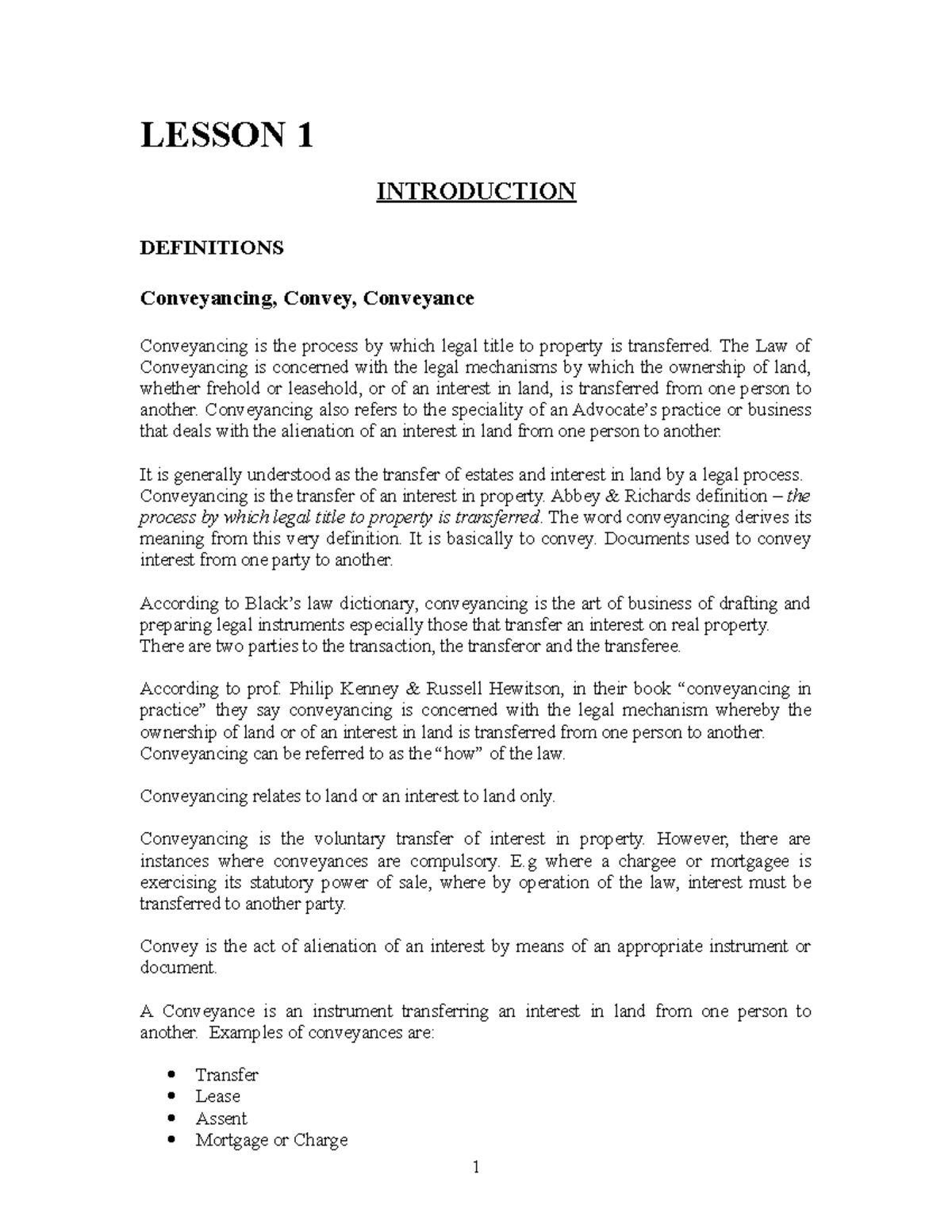 Conveyancing Law - Lesson 1-2 Overview and Key Concepts - Studocu