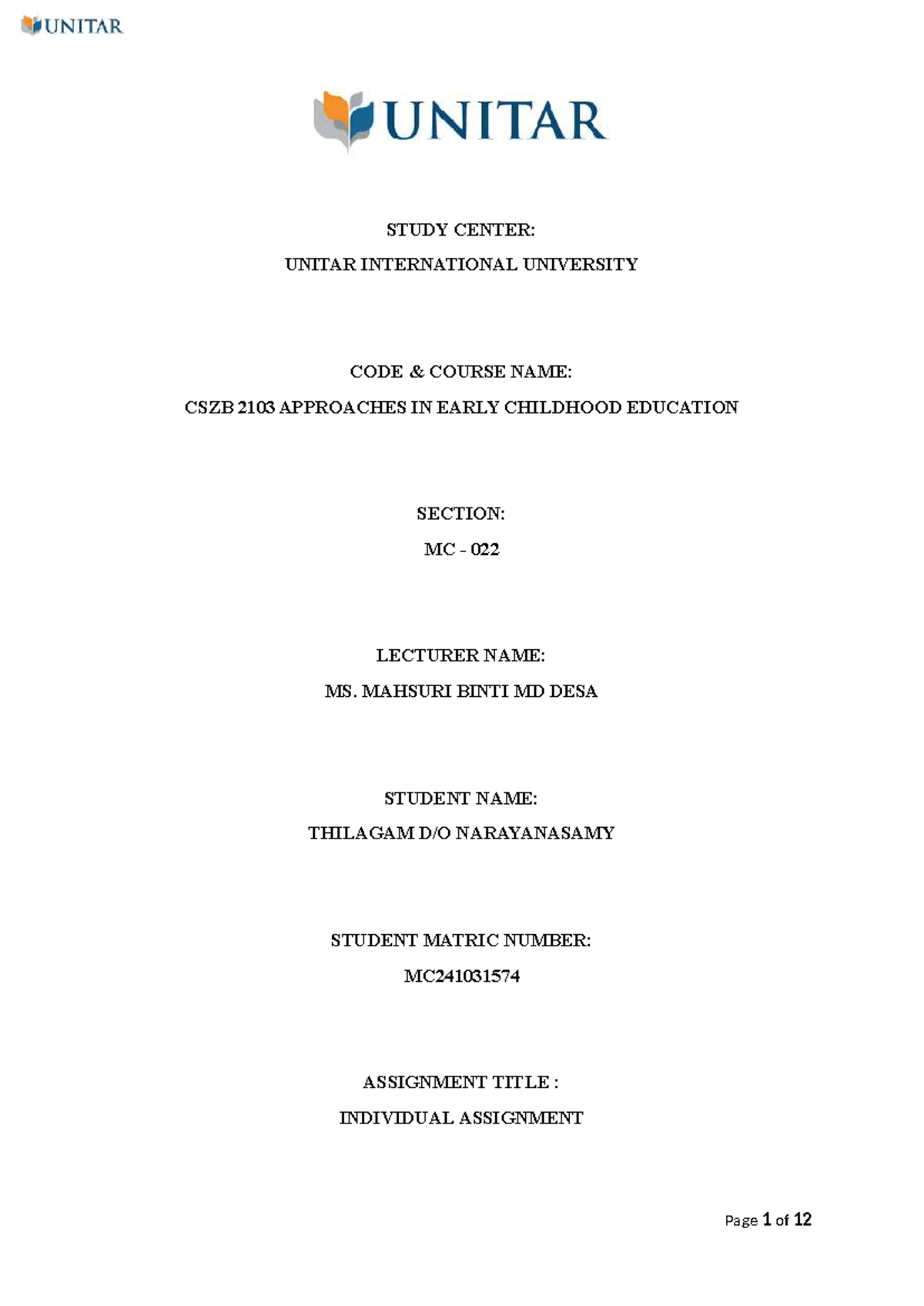 CSZB2103 - MC-022 - MC241031574 ( Assignment) - STUDY CENTER: UNITAR ...