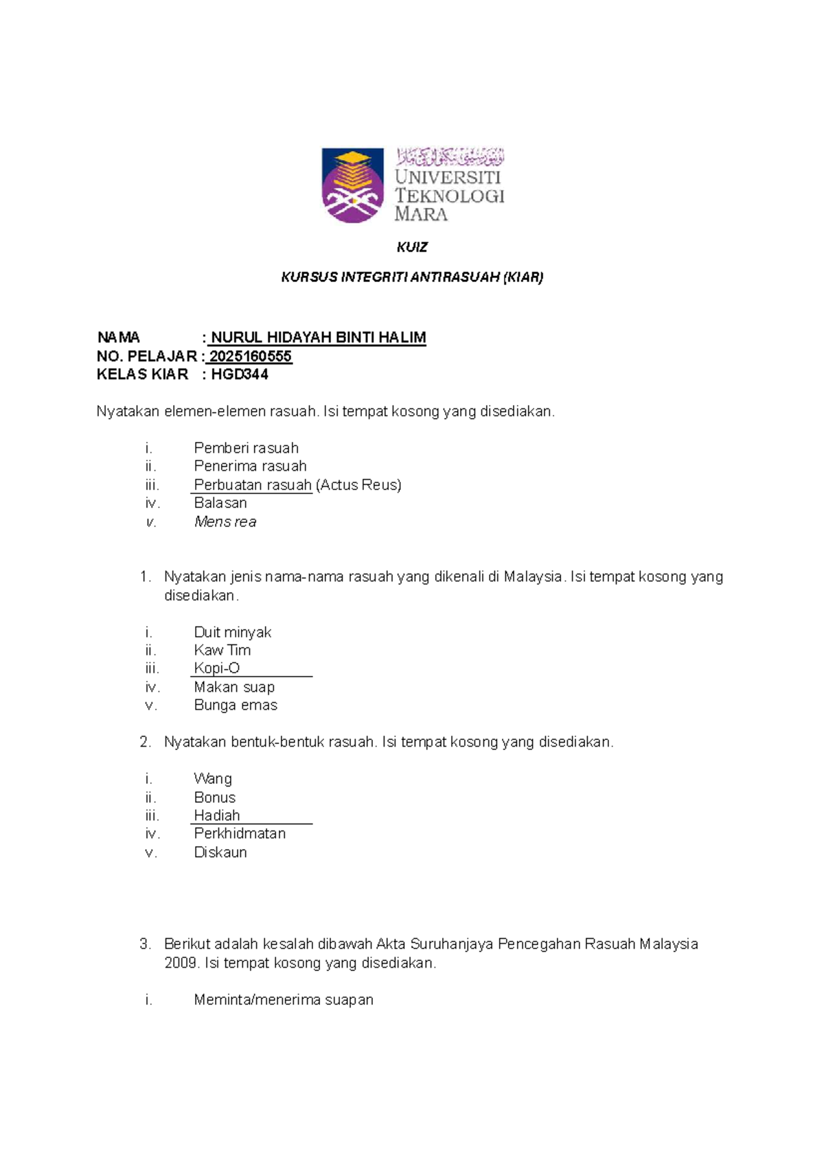 HGD344 - Nota Kuis Integriti Antirasuah dan Rasuah di Malaysia - Studocu