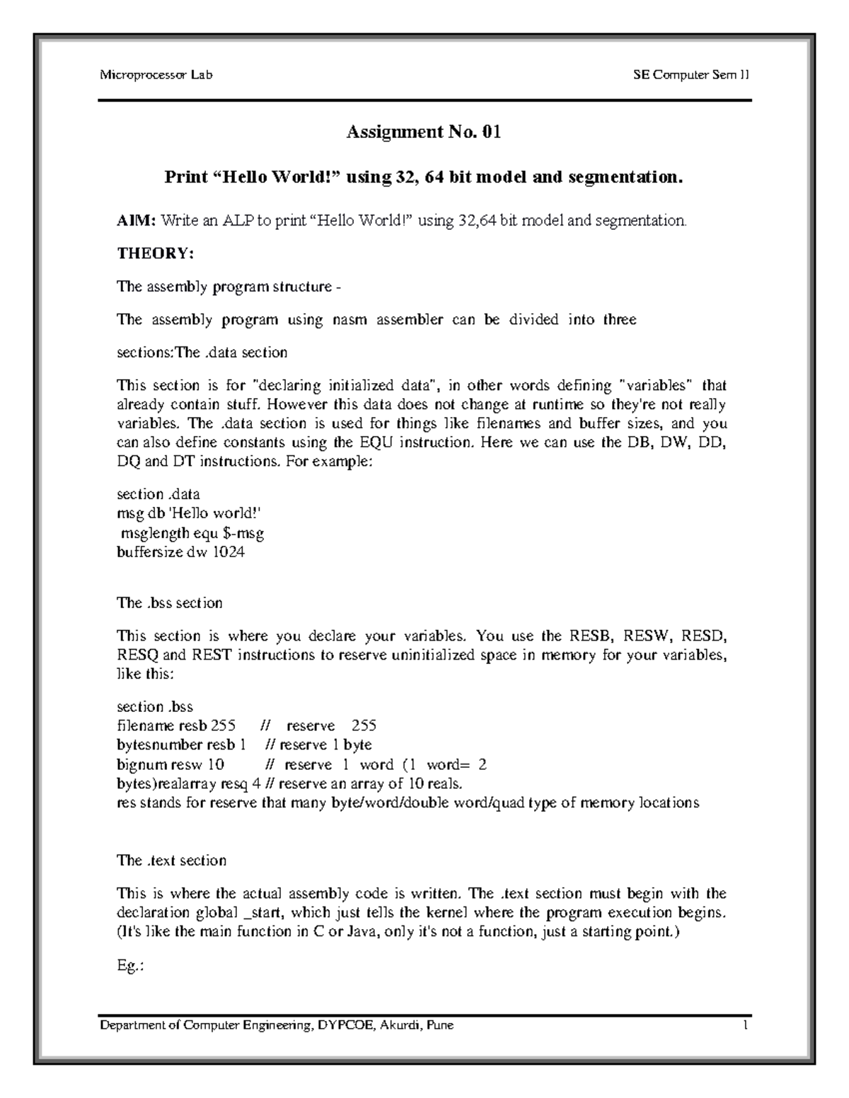 Microprocessor Lab SE Computer Sem II Assignment 01: ALP for 32/64 Bit ...