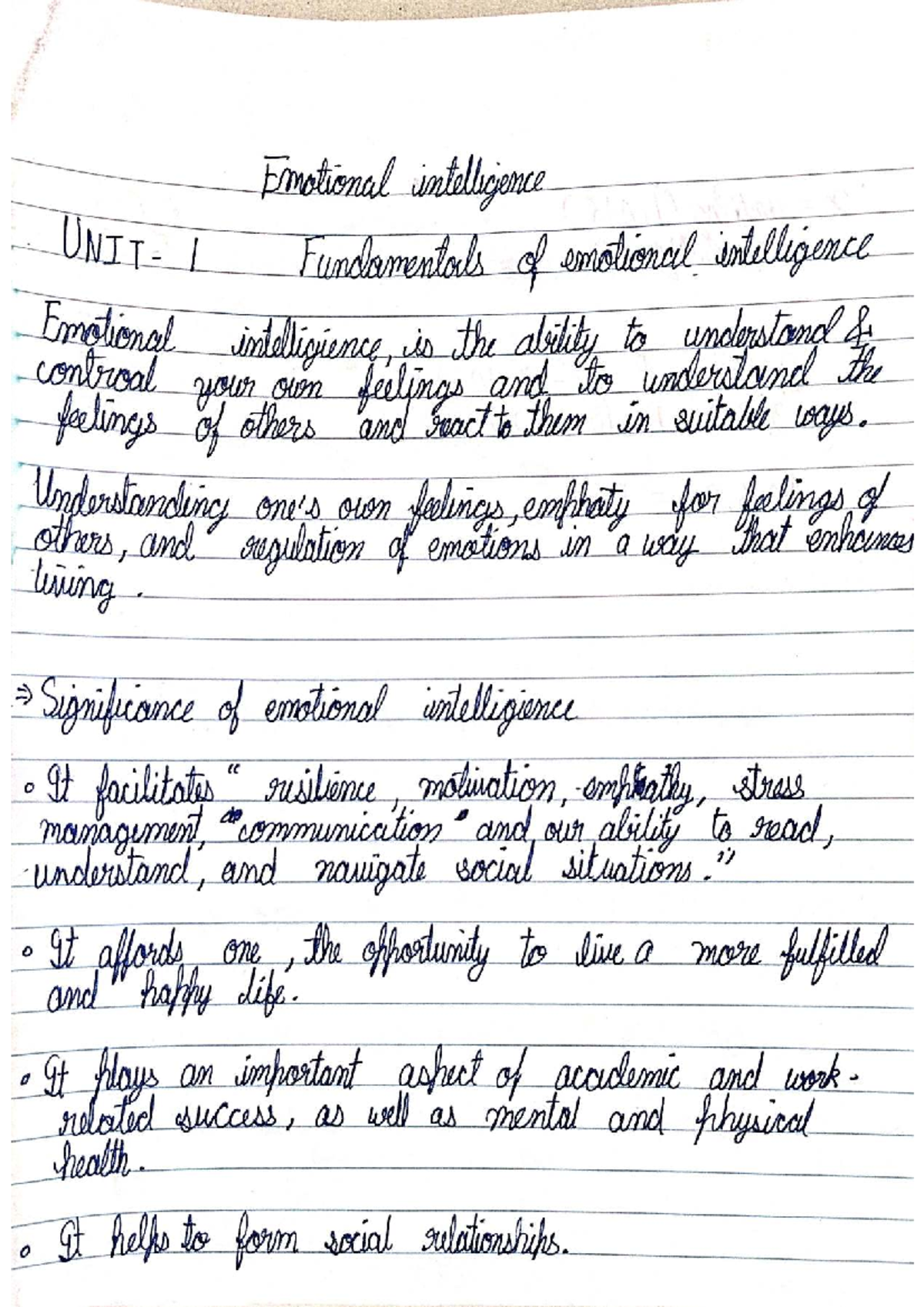 Unit 1 - Emotional Intelligence Fundamentals and Models - Studocu