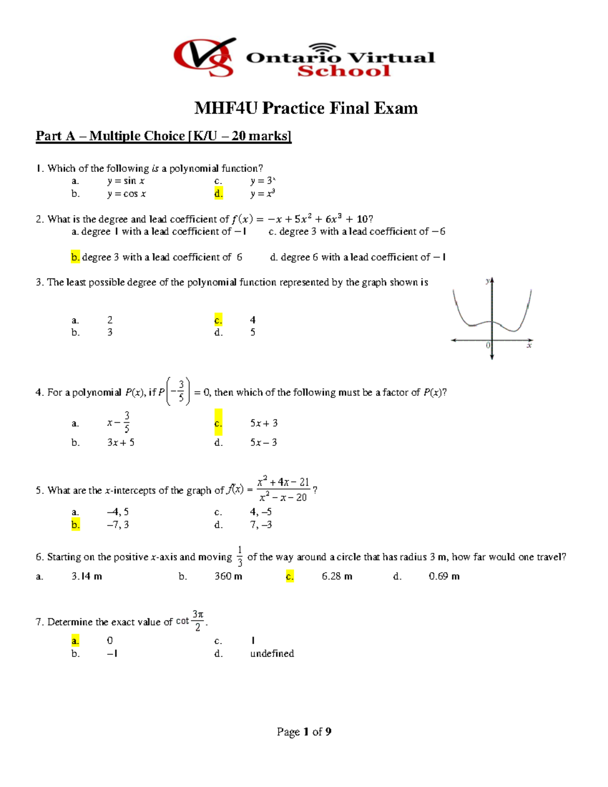 MHF4U Final Exam Practice Solutions and Key Concepts - Studocu