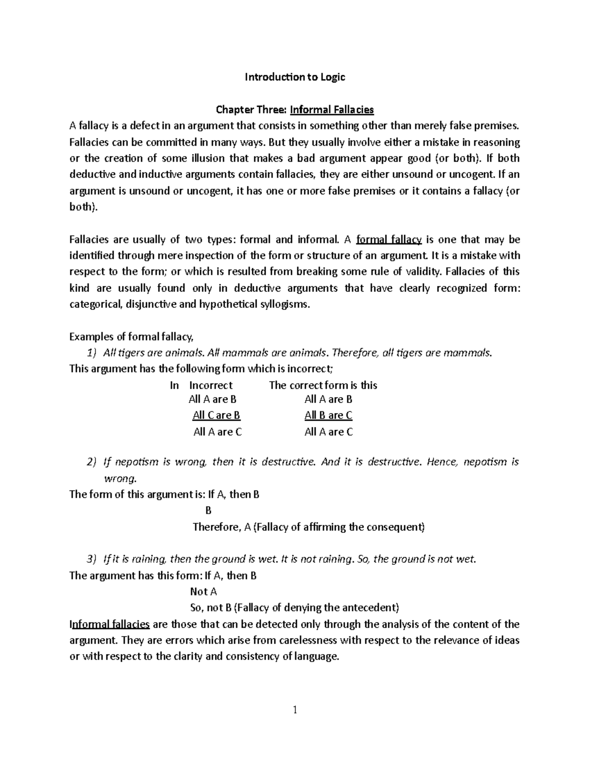 Logic Ch 3: Informal Fallacies and Argument Errors - Studocu