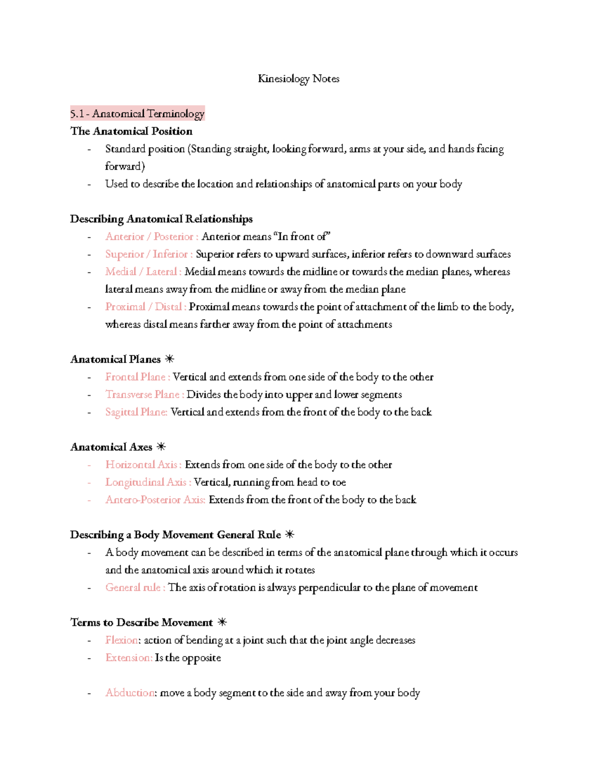 KIN 101 Anatomy and Kinesiology Notes for Final Exam Preparation - Studocu