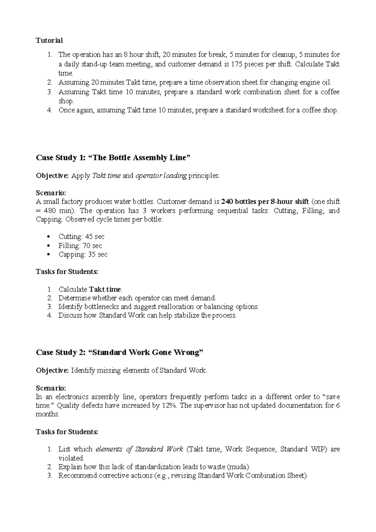 Standard Work Tutorial 1: Takt Time & Case Studies Analysis - Studocu