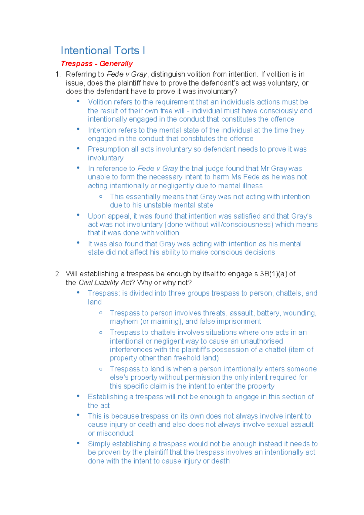 Intentional Torts I: Week 2 Discussion Questions and Legal Analysis ...