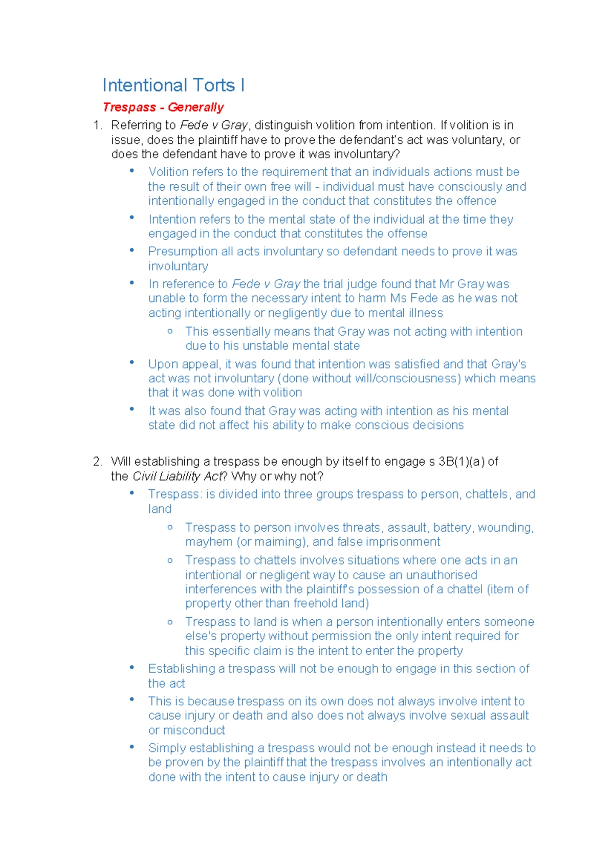 Torts Final Notes: Intentional Acts and Liability Analysis - Studocu