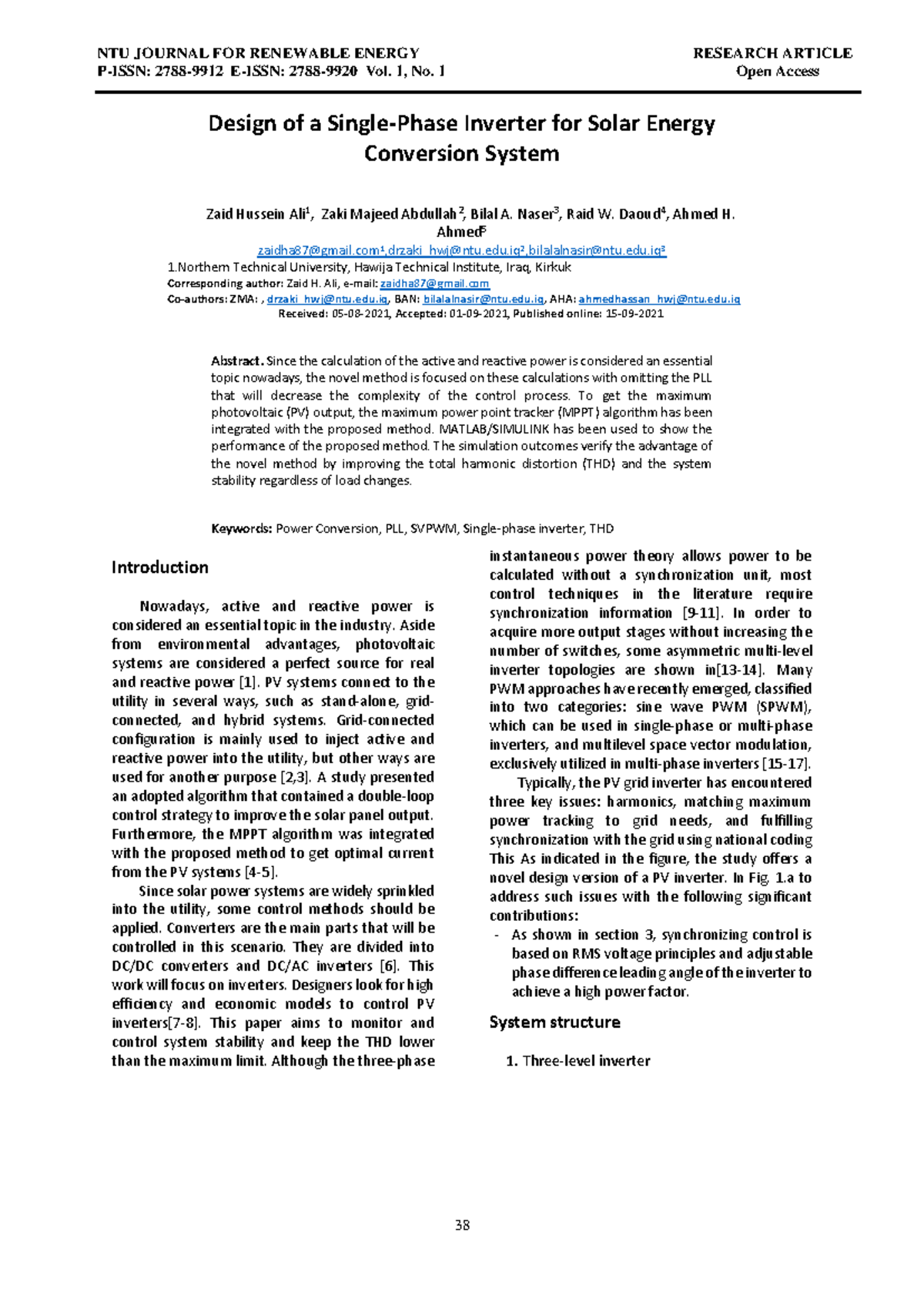 Design of a Single-Phase Inverter for Solar Energy Conversion System ...