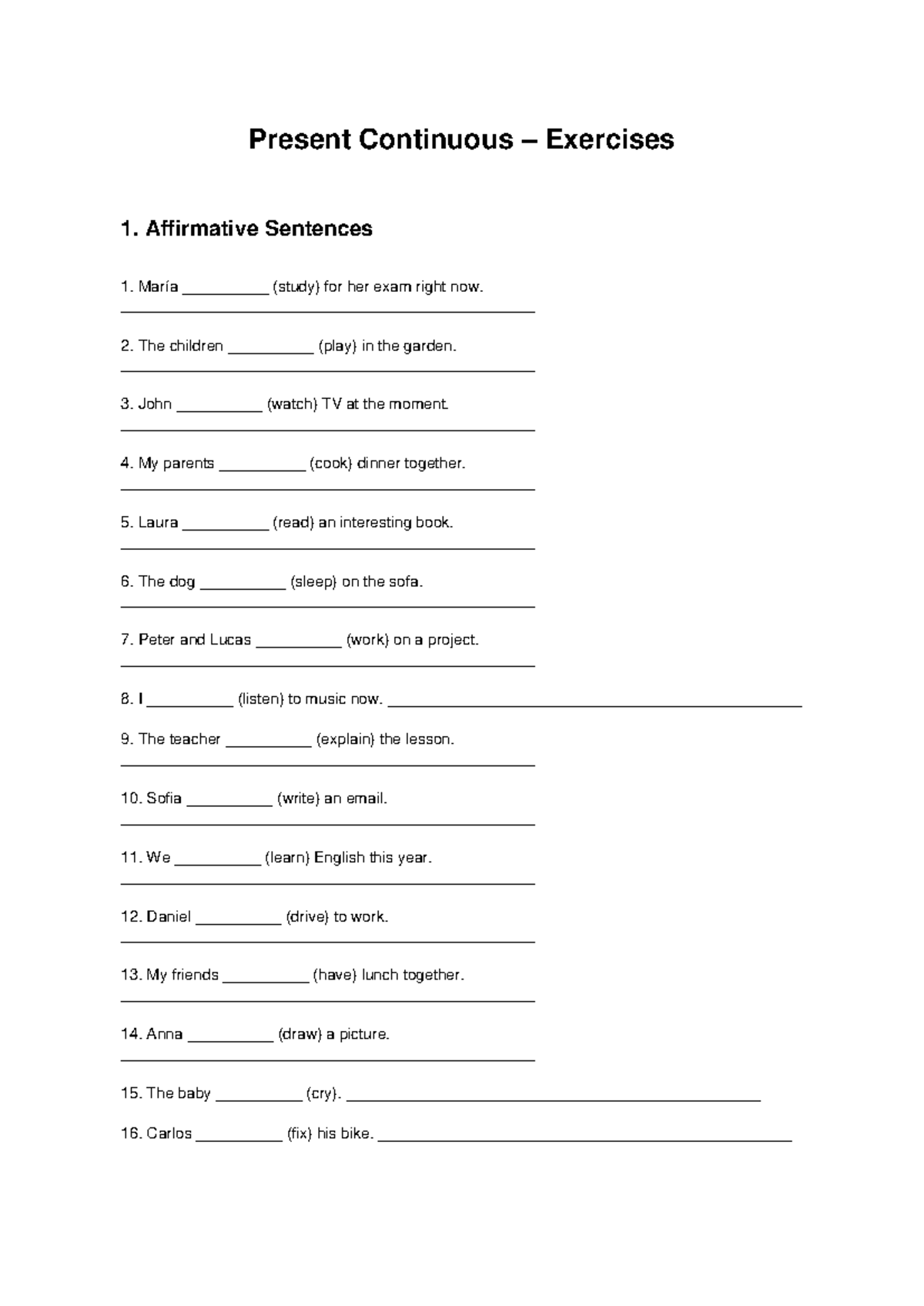 Present Continuous Exercises: Affirmative & Negative Sentences - Studocu