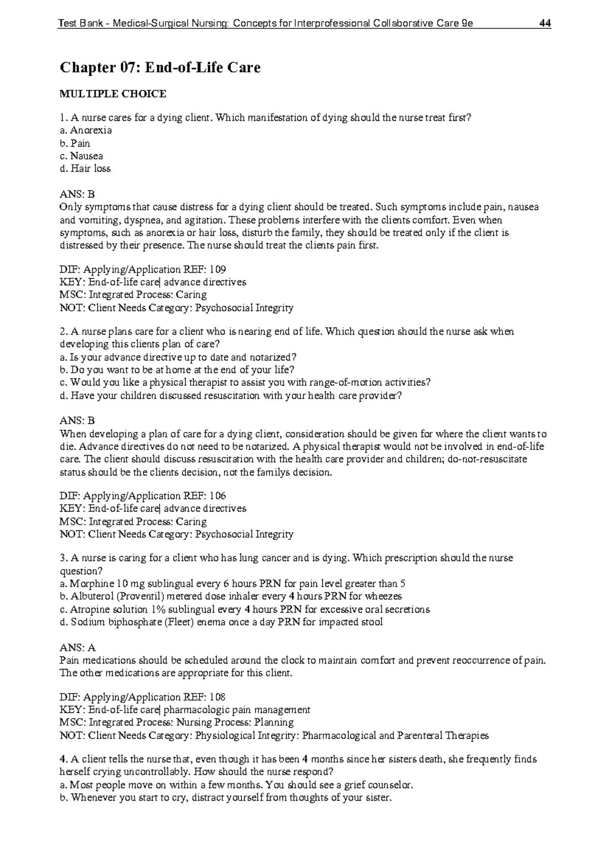 Chapter 07: End of Life Care Insights and Practice Questions for ...