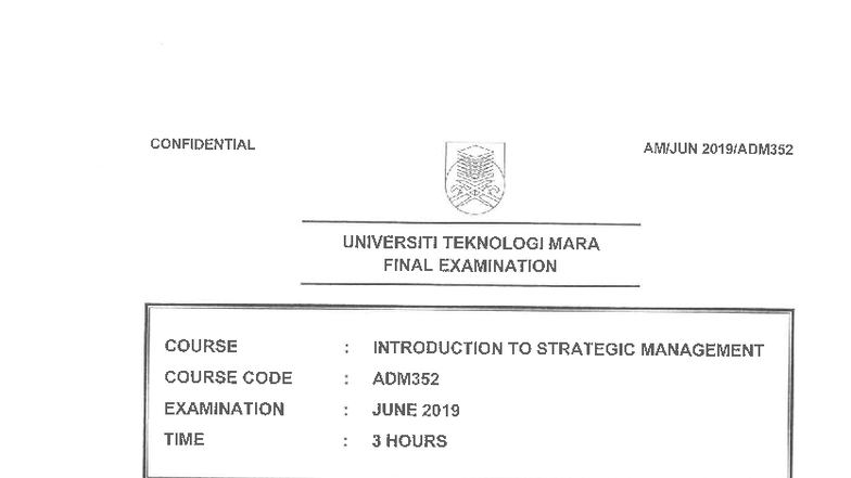 ADM352 - Final Exam Paper for Introduction to Strategic Management ...