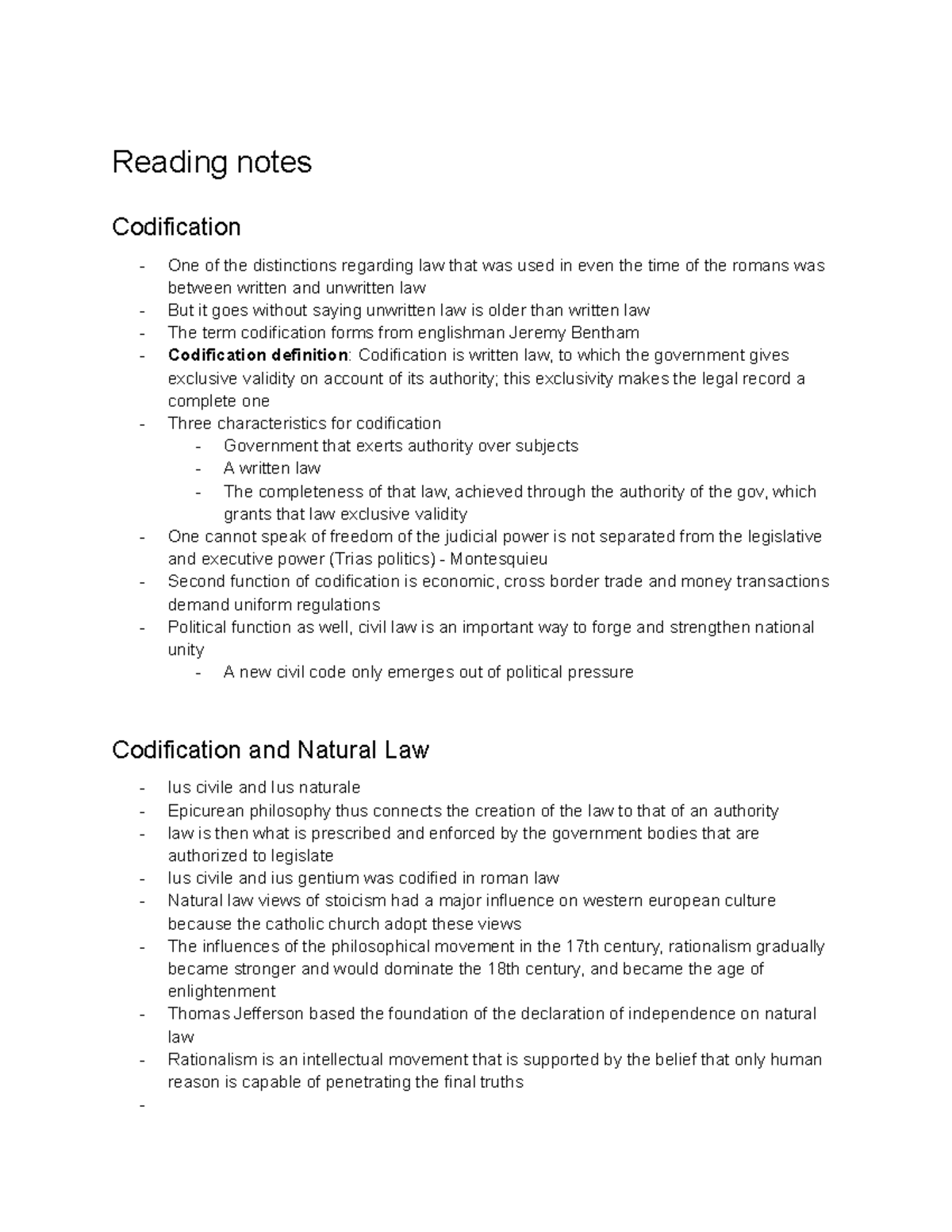 Legal History Reading Notes: Codification and Its Impact - Studeersnel
