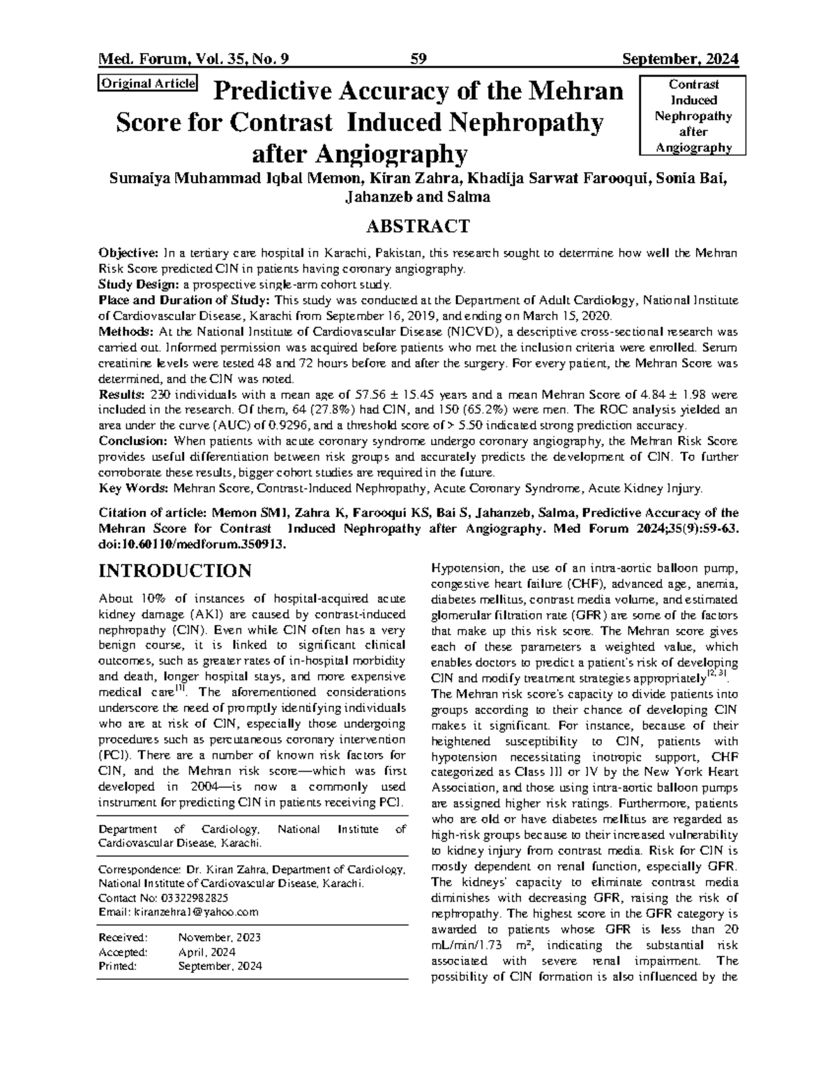 Predictive Accuracy of Mehran Score for CIN Post-Angiography: A Study ...