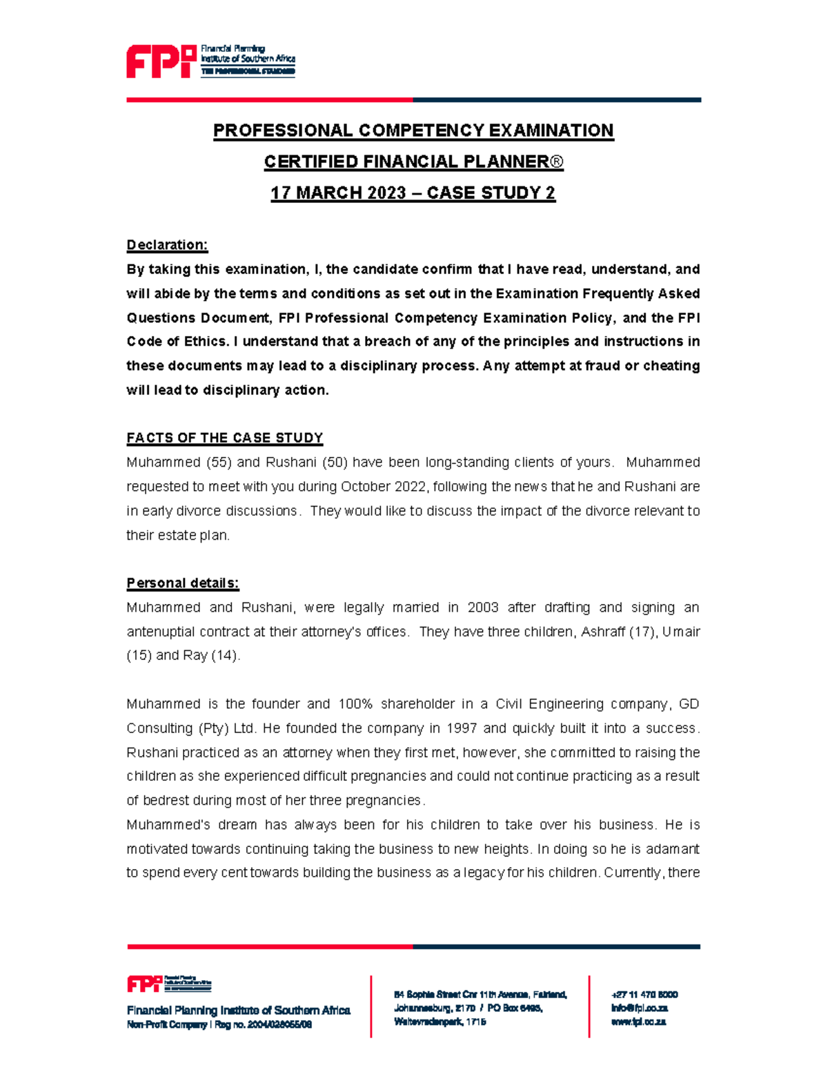 CS2 - Facts of the Case Study 2023 - PROFESSIONAL COMPETENCY ...