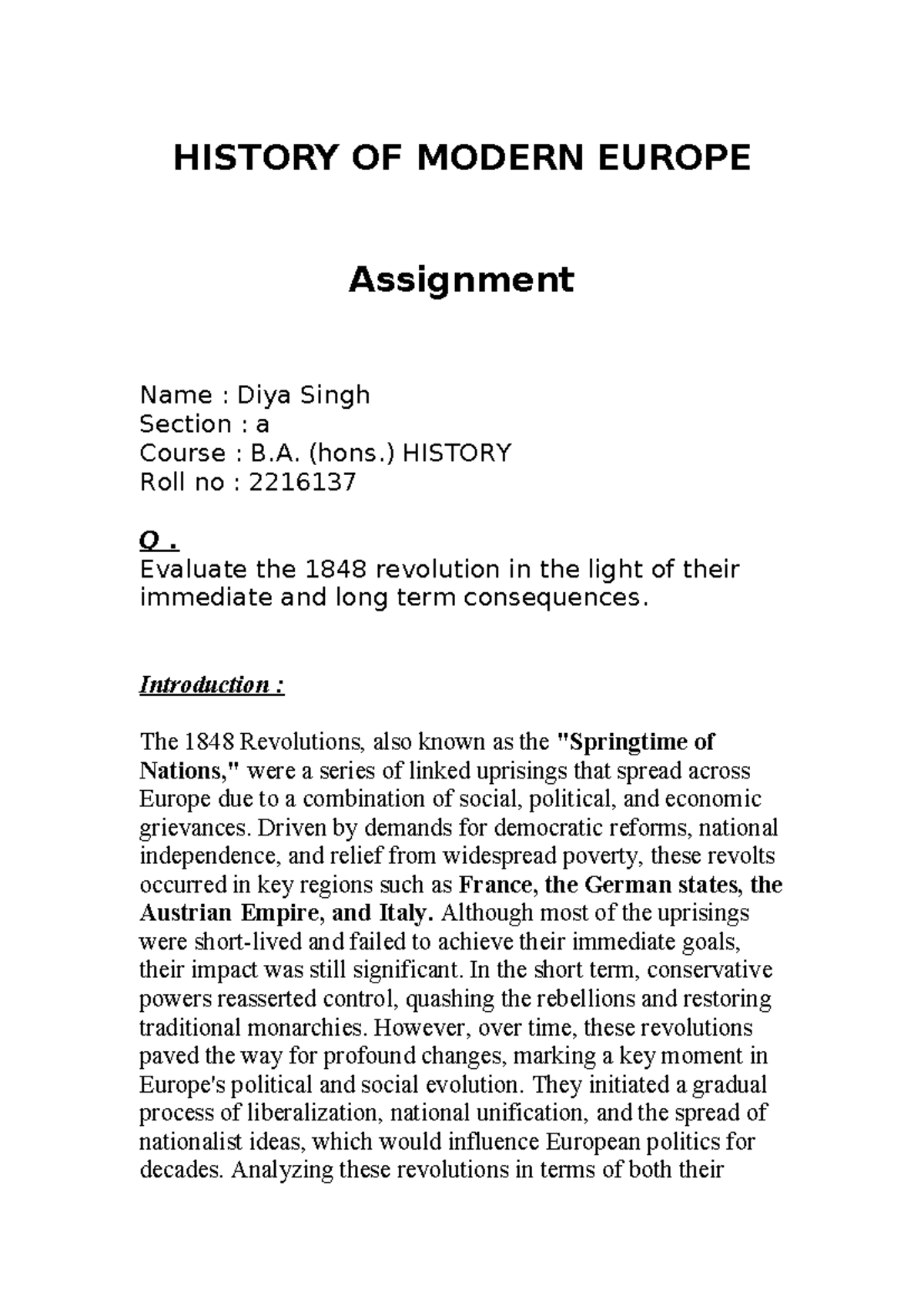 Modern Europe Assignment - HISTORY OF MODERN EUROPE Assignment Name ...