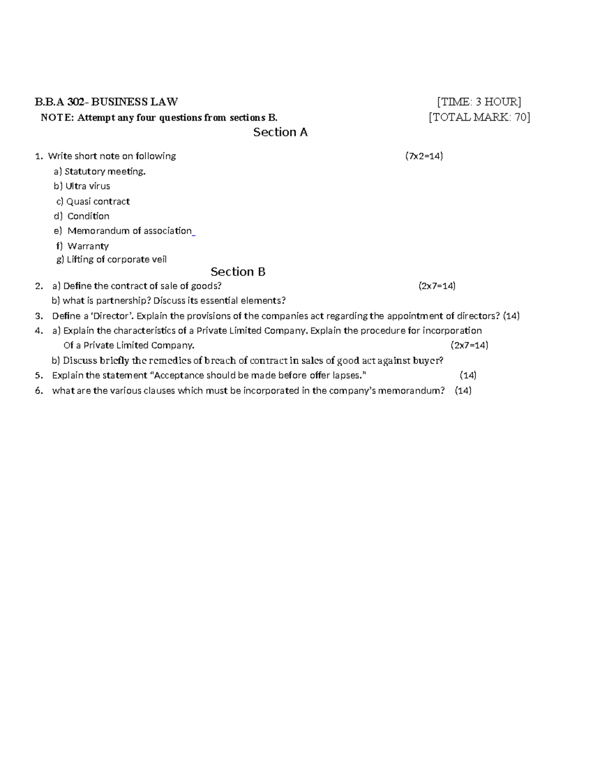 BBA 302 Business Law - Key Questions for Final Exam Preparation - Studocu