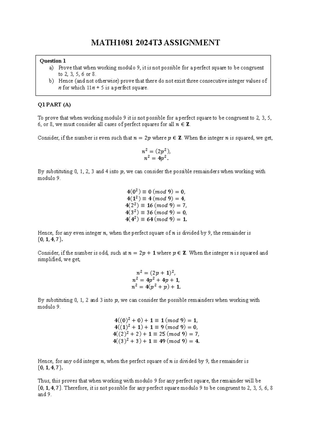 MATH1081 2024T3 ASSIGNMENT: Modulo 9 Perfect Squares Proofs - Studocu