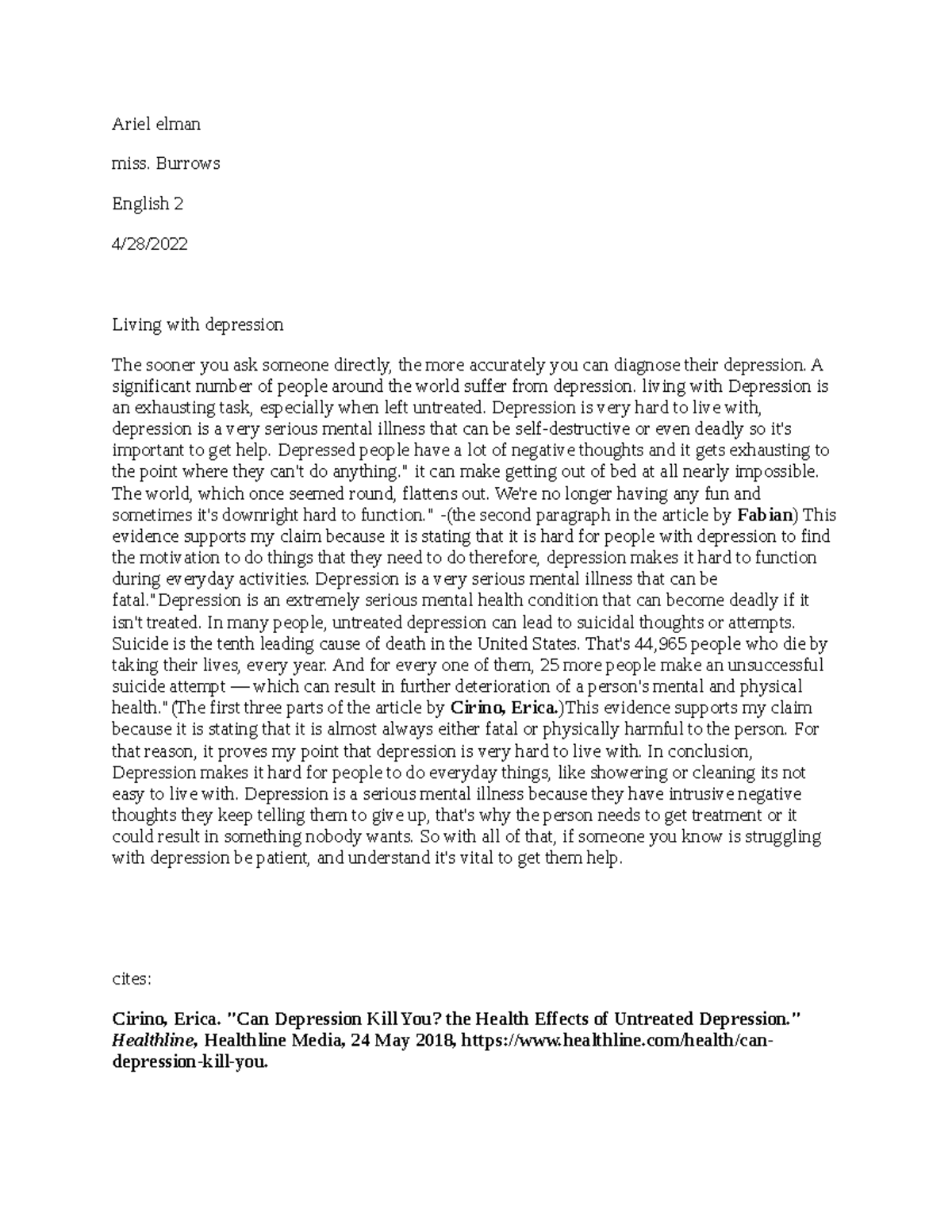 English 2: Depression Research Essay Part 2 - Living with Depression ...