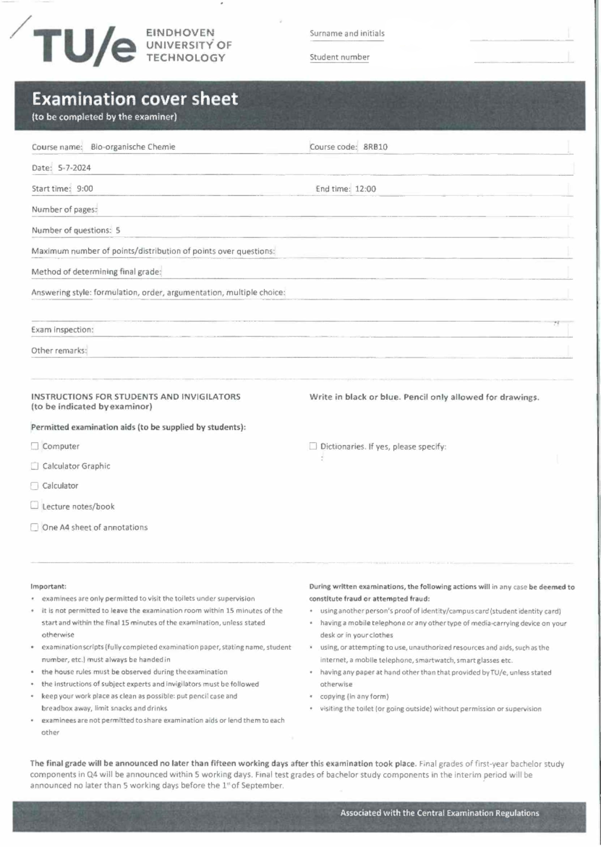 Chemie Exam Cover Sheet - Course Code 8RB10 - Studeersnel