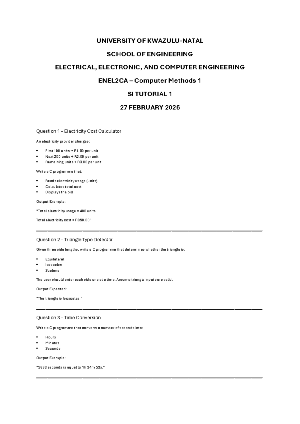ENEL2CA SI Tutorial 1: C Programming Exercises on Electricity ...