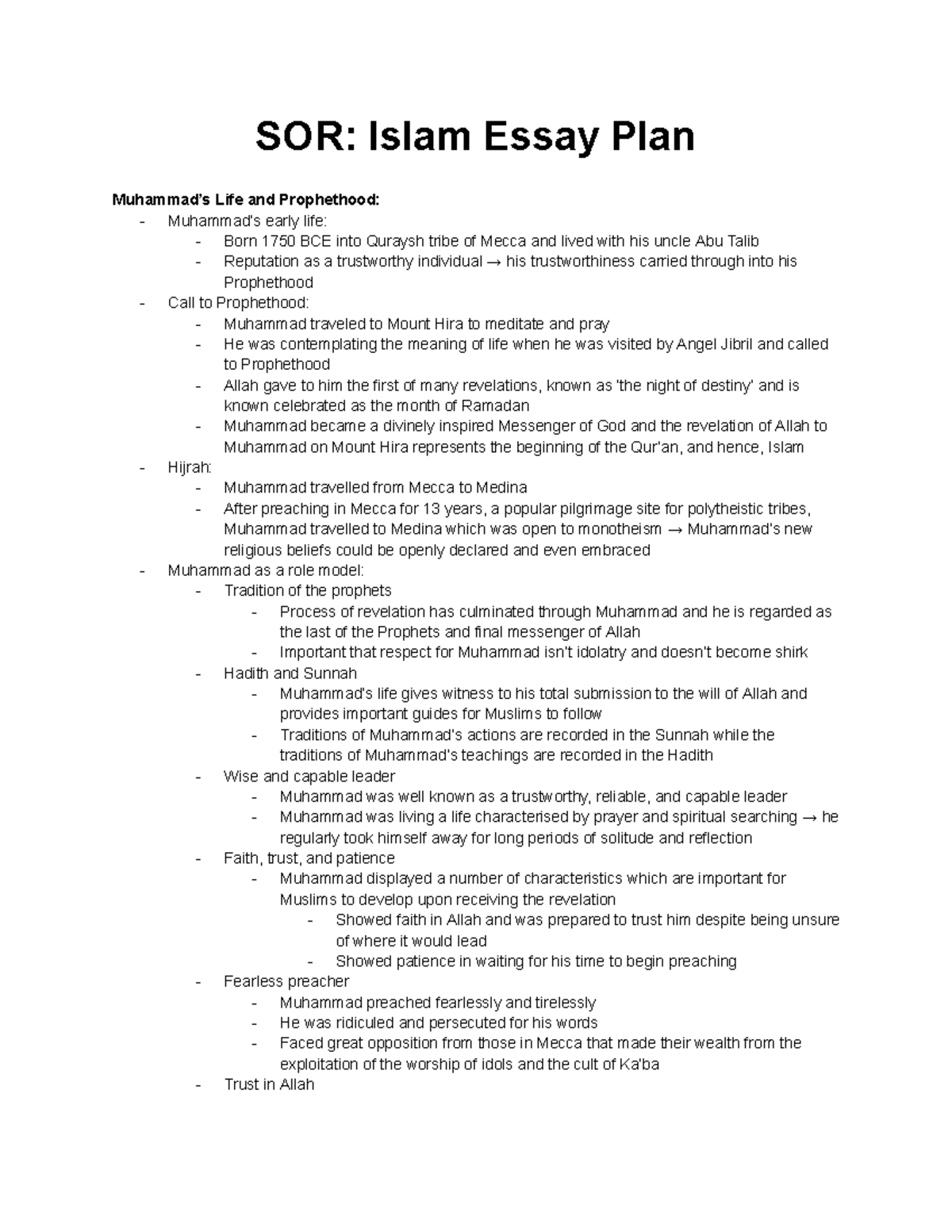 SOR: Islam Essay Plan on Life and Prophethood of Muhammad - Studocu