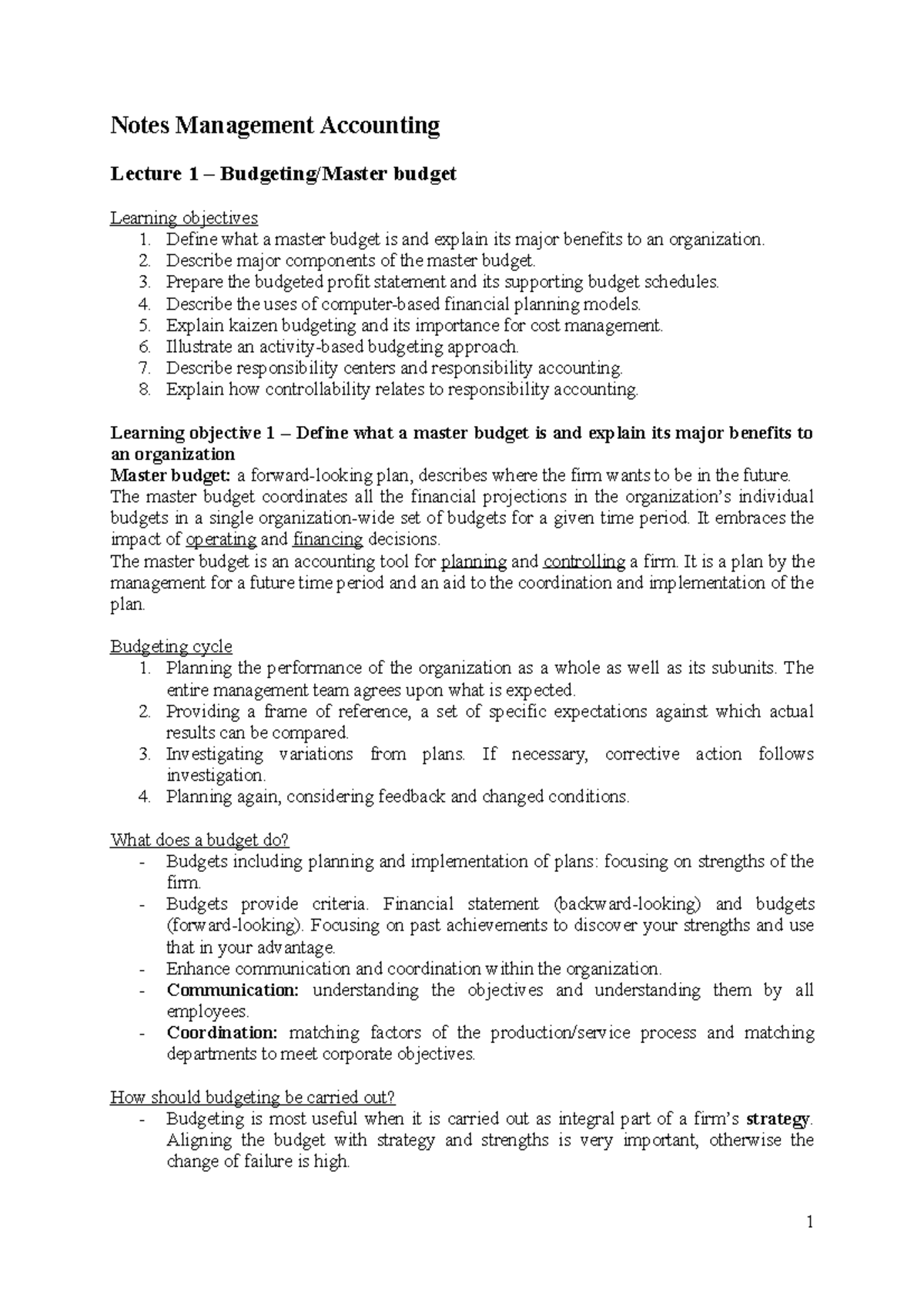 Management Accounting Notes (Lecture 1-3) - Concepts & Variance ...