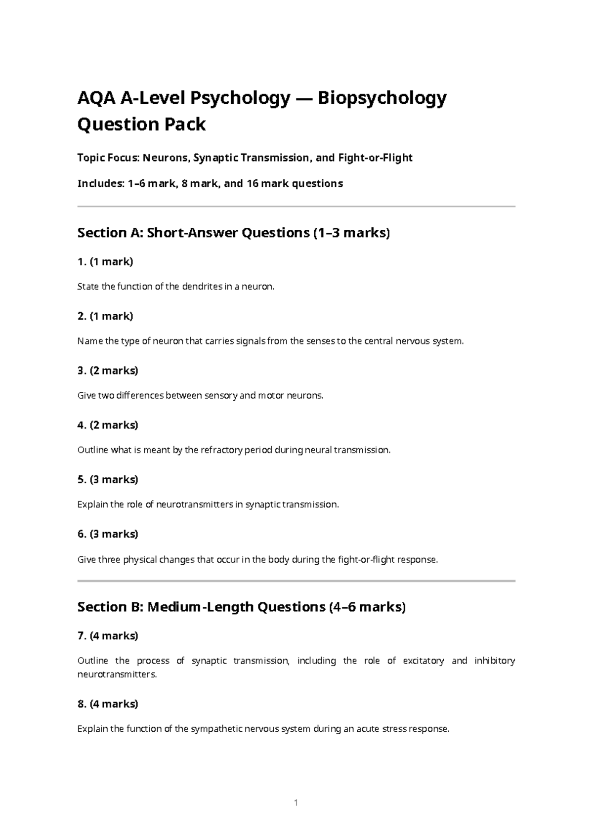 AQA Psychology Biopsychology Question Pack: Neurons & Synaptic ...