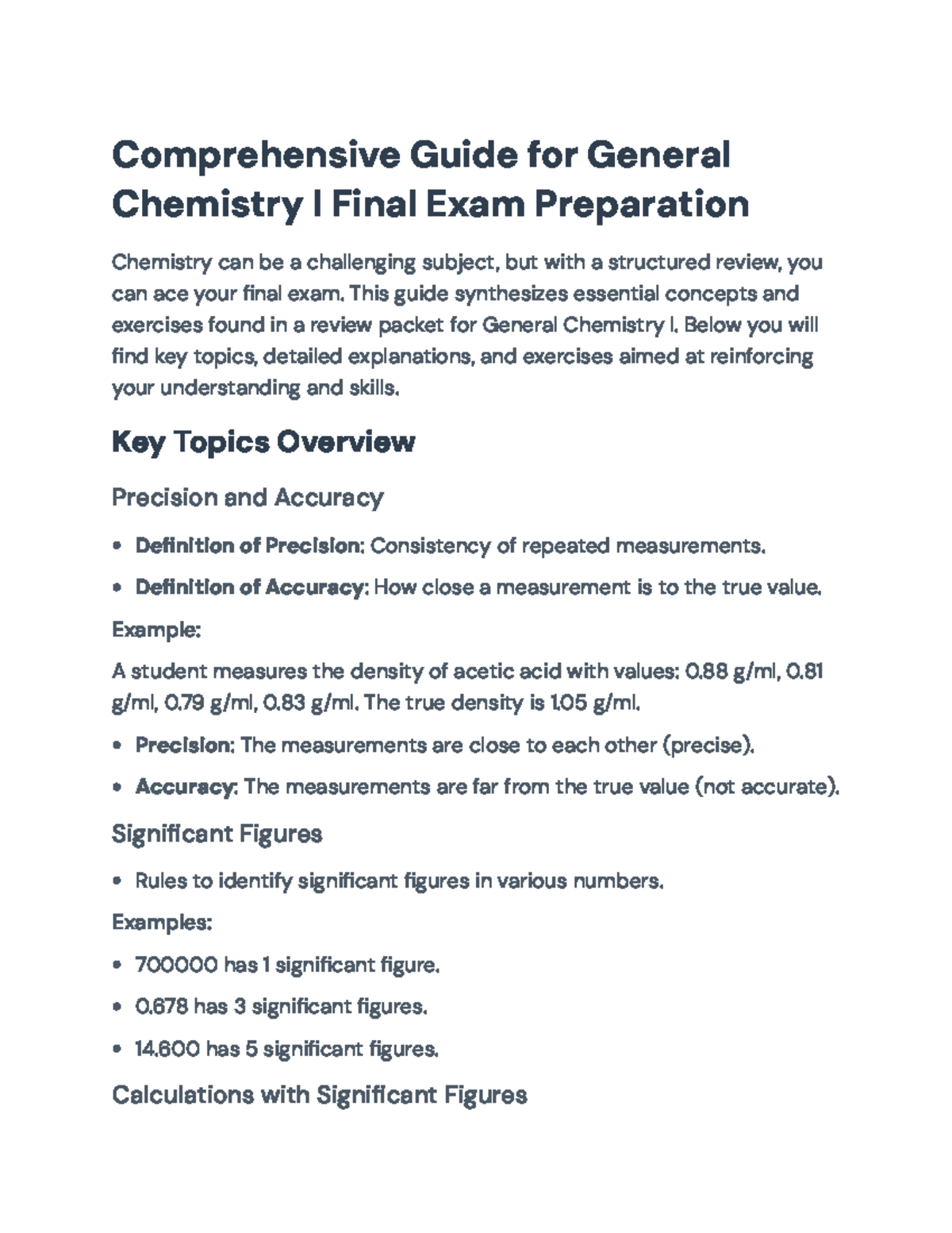 General Chemistry I Final Exam Review Guide: Key Concepts and Problems ...