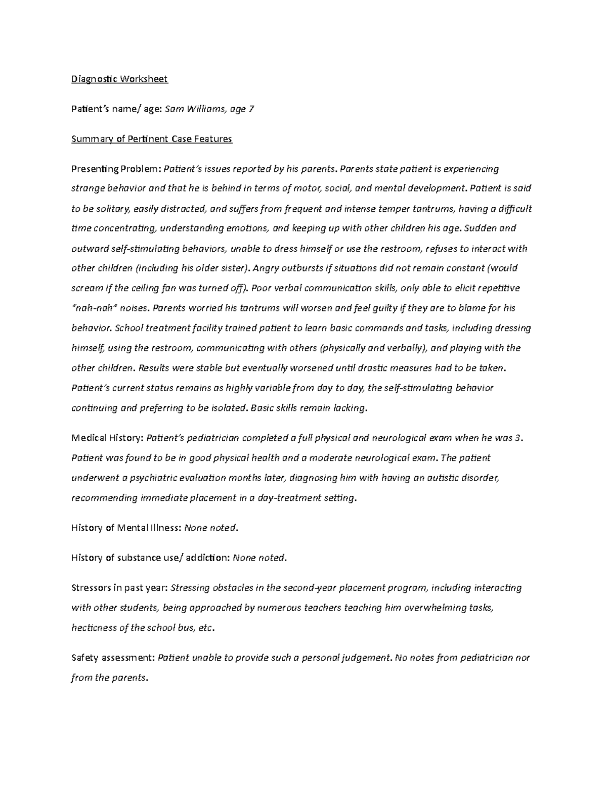 Case Study 1: Autism Spectrum Disorder Diagnostic Worksheet - Studocu