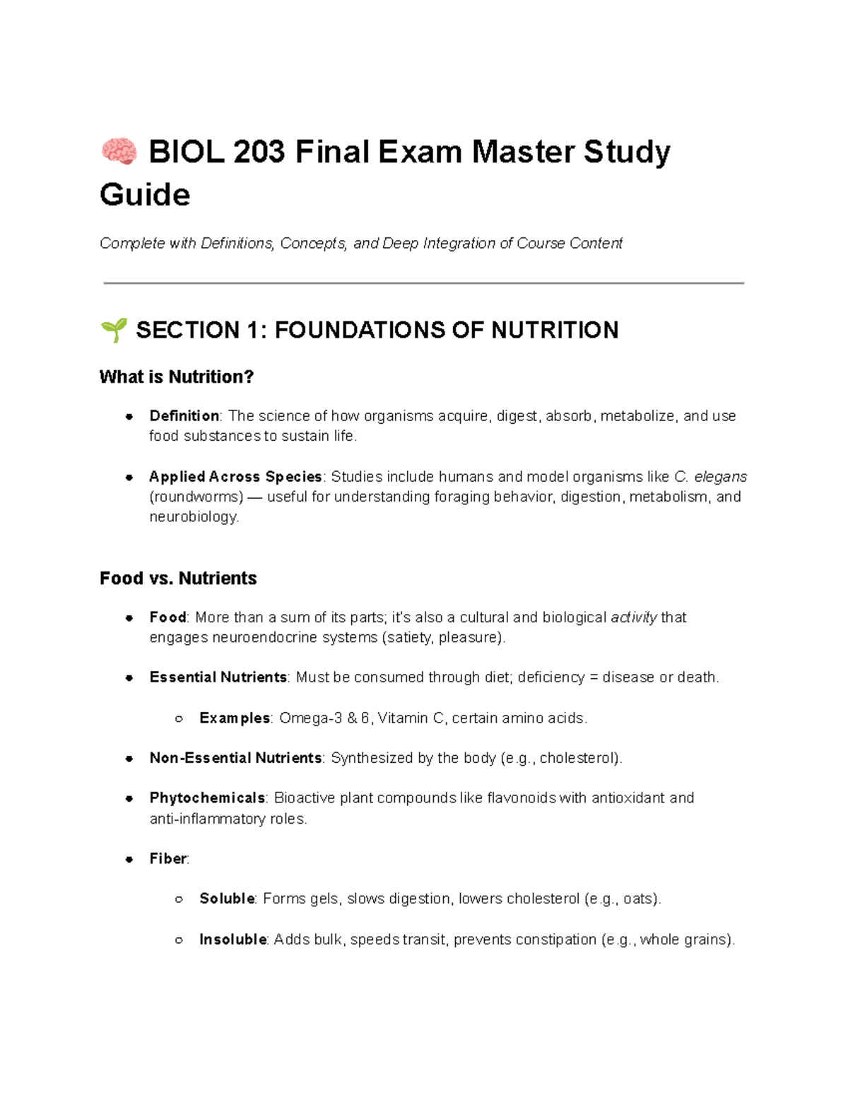 BIOL 203 Final Exam Study Guide: Nutrition Foundations & Key Concepts ...