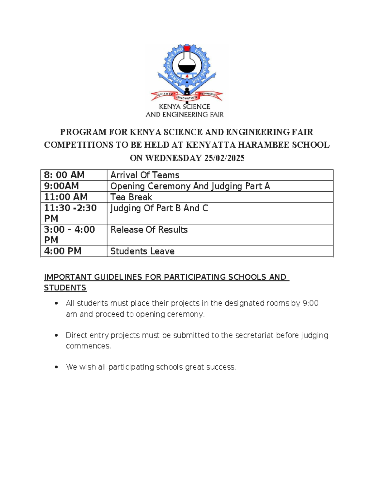 KSEF program - THE KENYA SCIENCE AND ENGINEERING FAIR for Junior ...