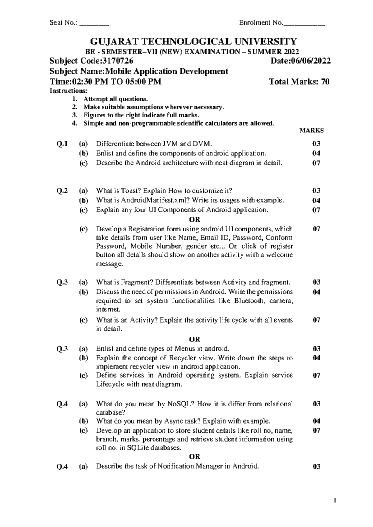 3170726 BE - Mobile App Development Exam Paper - Summer 2022 - Studocu