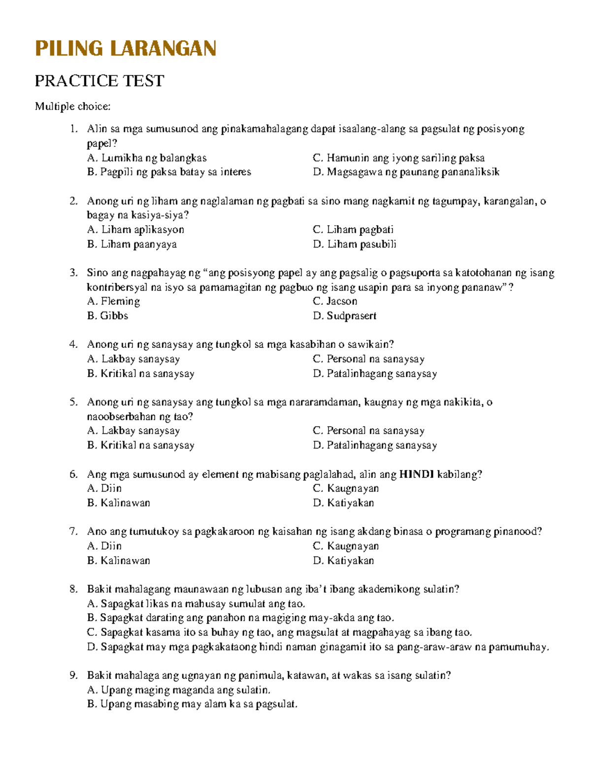Piling Larangan Reviewer - Practice Test and Answers - Studocu