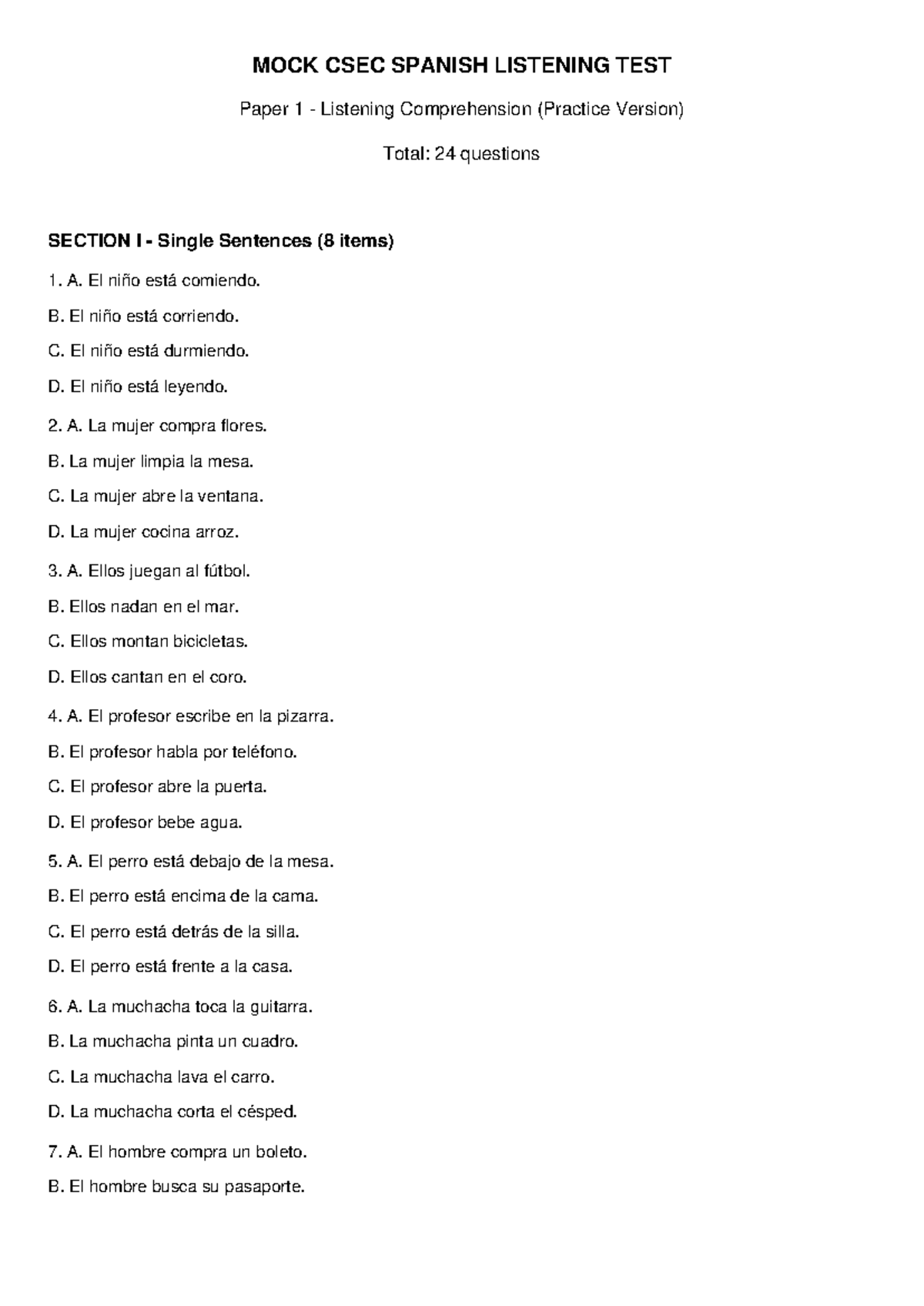 MOCK CSEC SPANISH LISTENING TEST Paper 1: Practice Comprehension ...