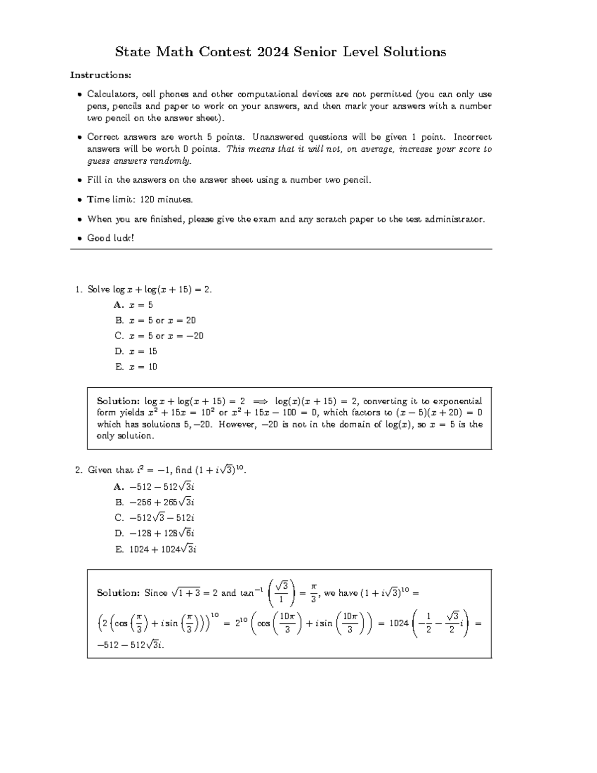 2024 State Math Contest Senior Level Solutions - Studocu
