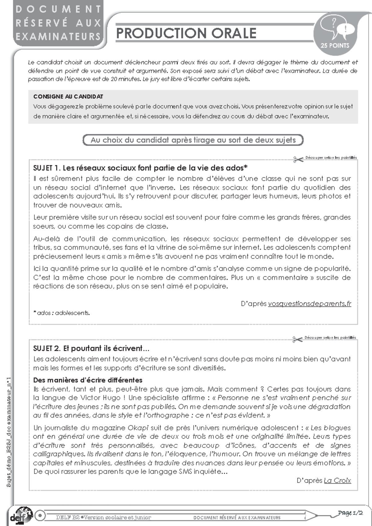 Exemple 2 sujet delf b2 junior document examinateur production orale ...