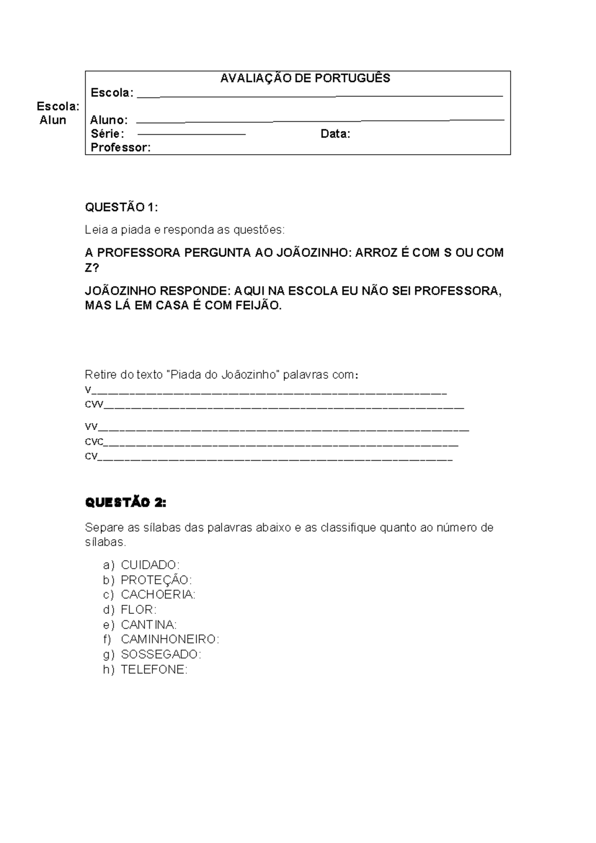 Avaliação de Português 3º Ano 1º Bimestre - Questões e Respostas - Studocu