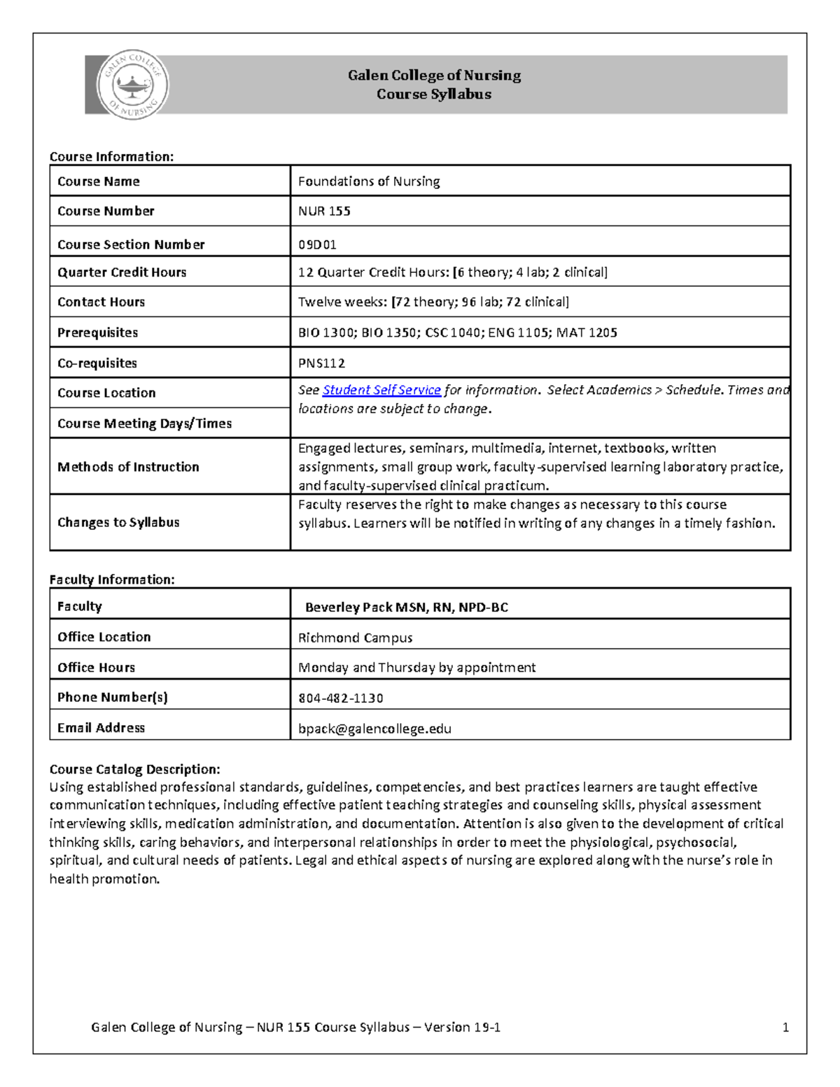 Galen College of Nursing NUR 155 Course Syllabus Overview - Studocu