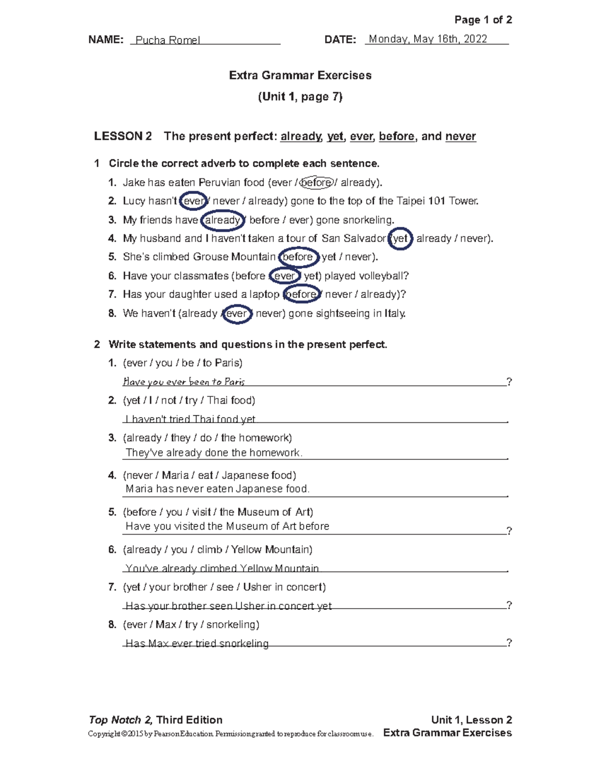 Top Notch 2 Grammar Practice Lesson 2: Present Perfect Exercises