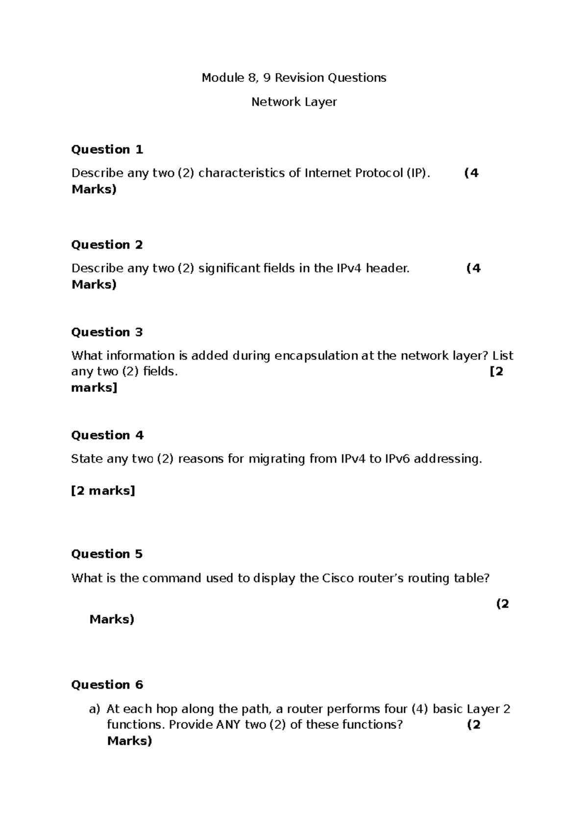 Module 8, 9 Revision Questions on Network Layer Characteristics - Studocu