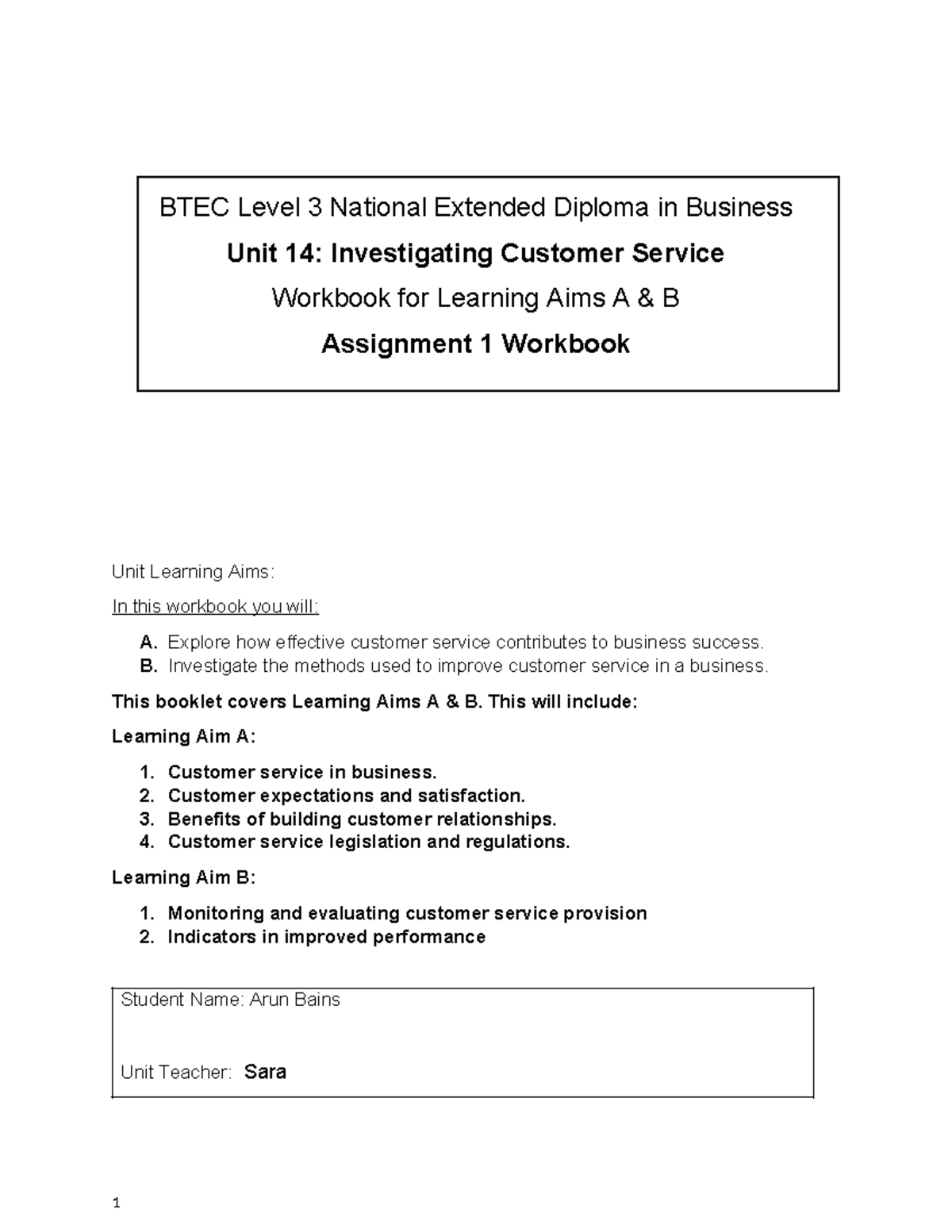 Unit 14: Workbook on Learning Aims A & B - Customer Service Analysis ...
